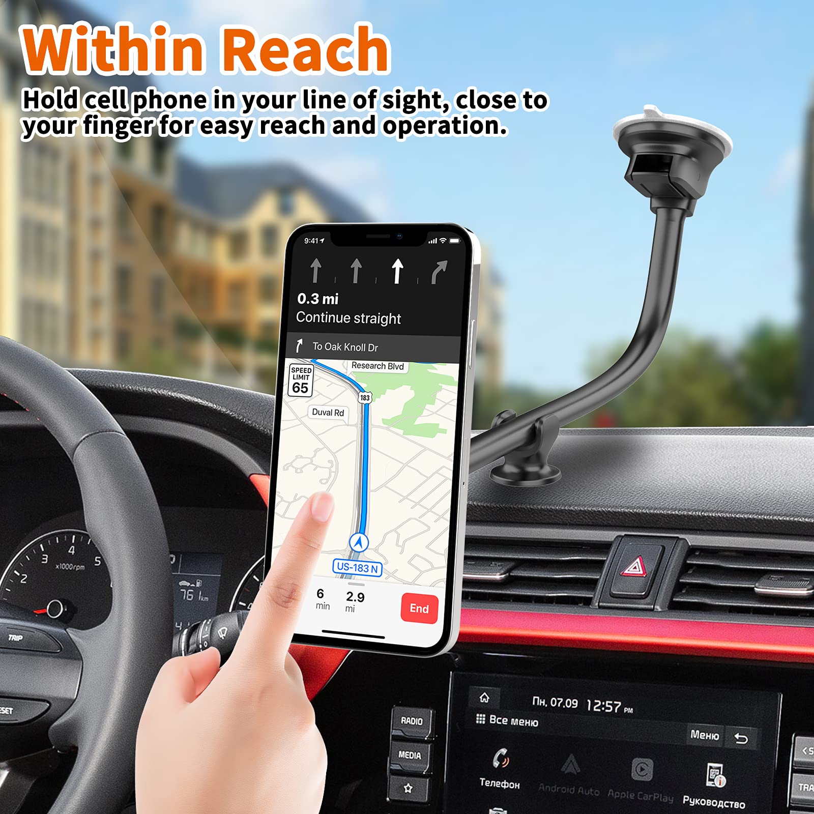 1Zero Magnetic Phone Car Mount 14-Inch Gooseneck Long Arm Extension, Universal Windshield Dashboard Industrial-Strength Suction Cup Car Phone Holder With 6 Strong Magnets, For All Cell Phones Iphone