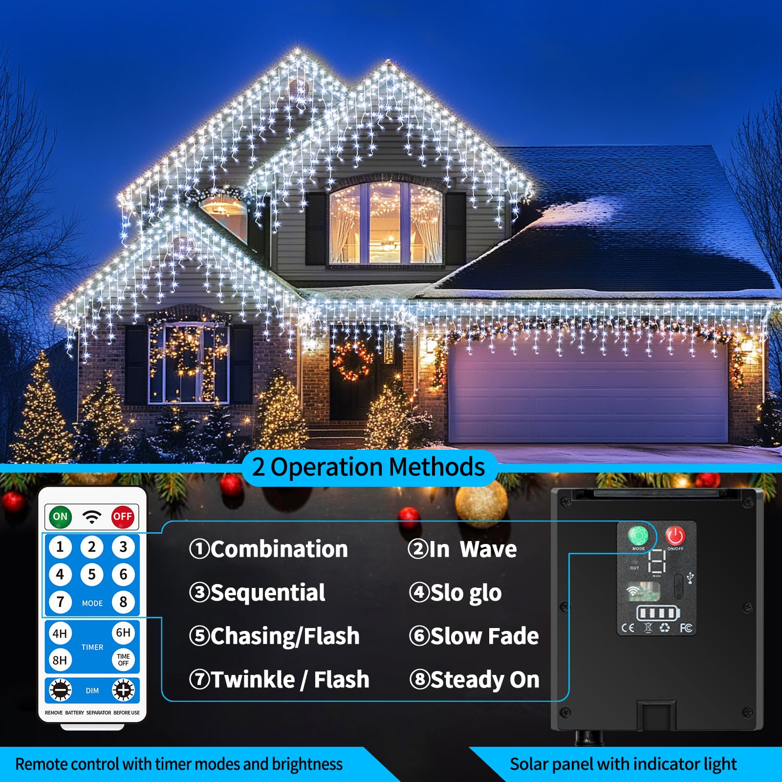 Qlirjad Solar Christmas Lights Outdoor Waterproof 60+16Ft 600 Led Icicle Lights For Outside With 2400Mah Connectable Rechargeable Dimmable Remote 8 Modes Fairy Lights For Xmas Yard Eaves Balcony Decorations