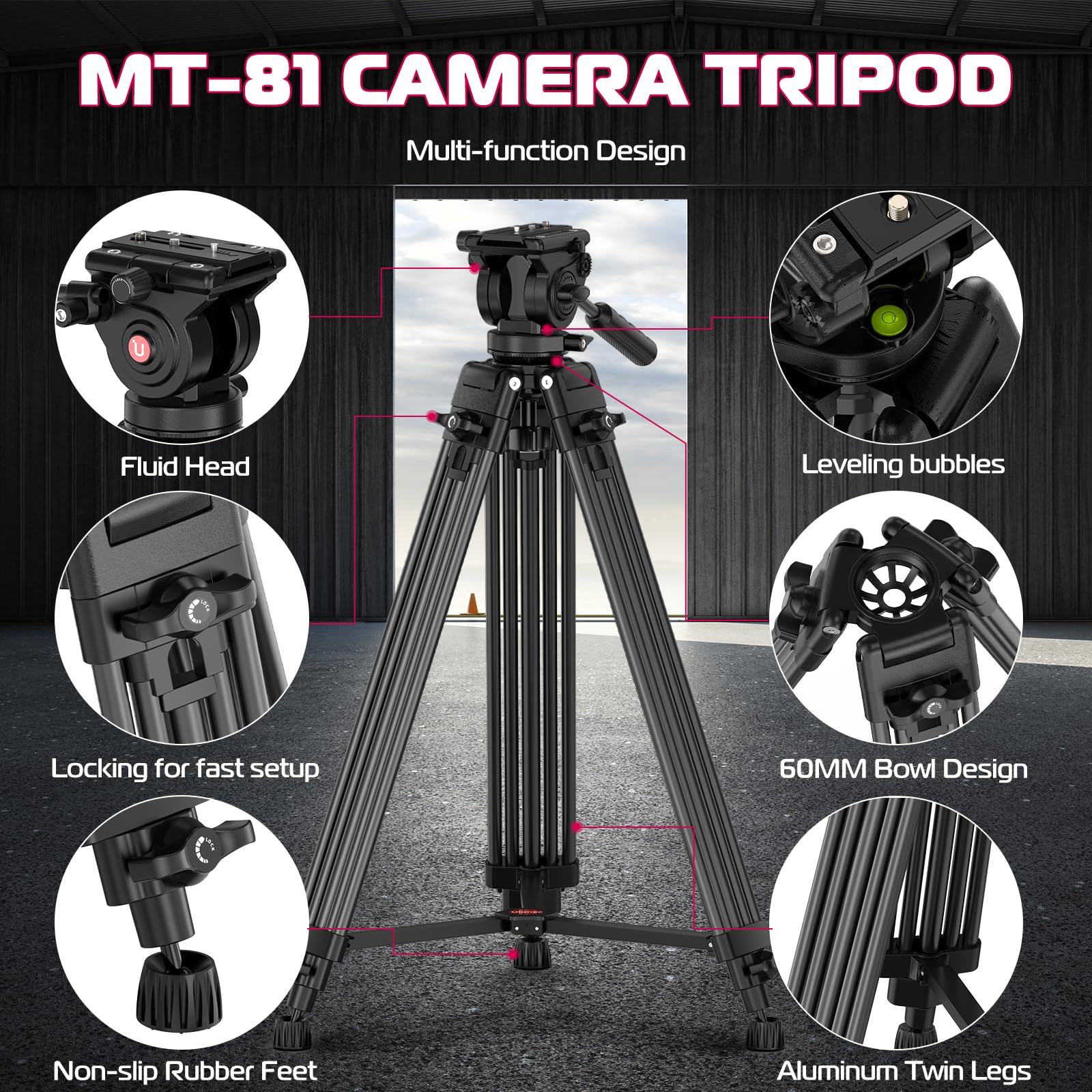 Ulanzi Mt-81 Camera Video Tripod With 360 Degree Fluid Head, 61Inch/155Cm Heavy Duty Aluminum Alloy Camera Tripod Stand, Quick Release Plate Compatible With Dslr Camcorder, Load Up To 17.6Lb/8Kg