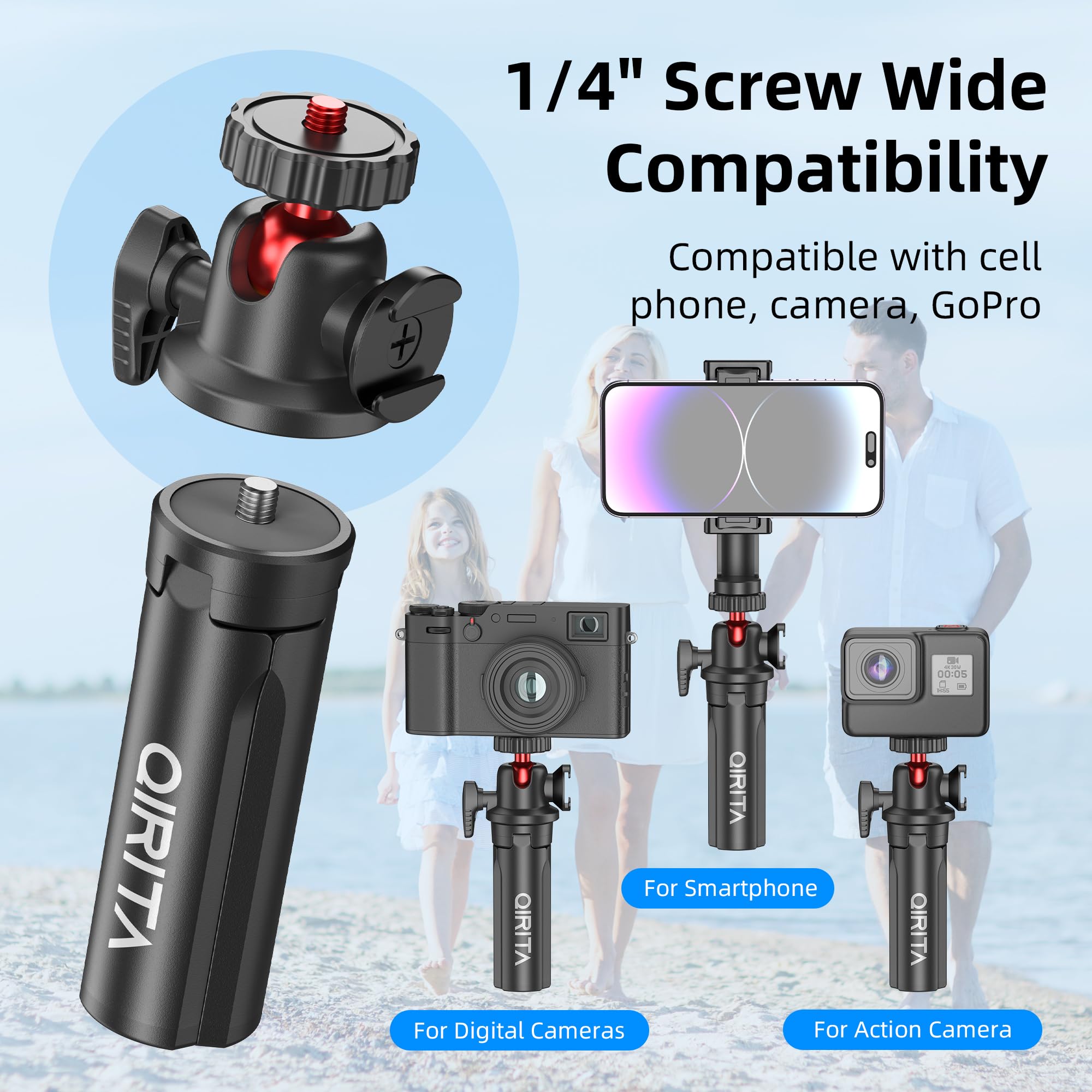 Qirita Mini Tripod & Desk Stand, 360° Rotatable Small Tripod Stand With Phone Holder & Cold Shoe, Selfie Stick Travel Tripod For Iphone/Android/Camera, Mini Hand Grip For Live Stream, Video Calls, Tiktok