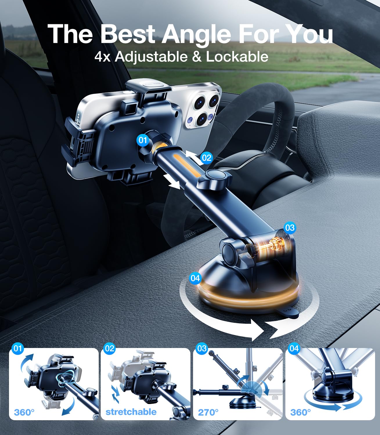 Wigoo Pioneer Car Phone Holder Mount [3-In-1Design,  ] Universal Cell Phone Stand For Dashboard/Windshield/Air Vent, Fit For Iphone 16 15 14 13 12 And All Smartphones, Fiber Panel