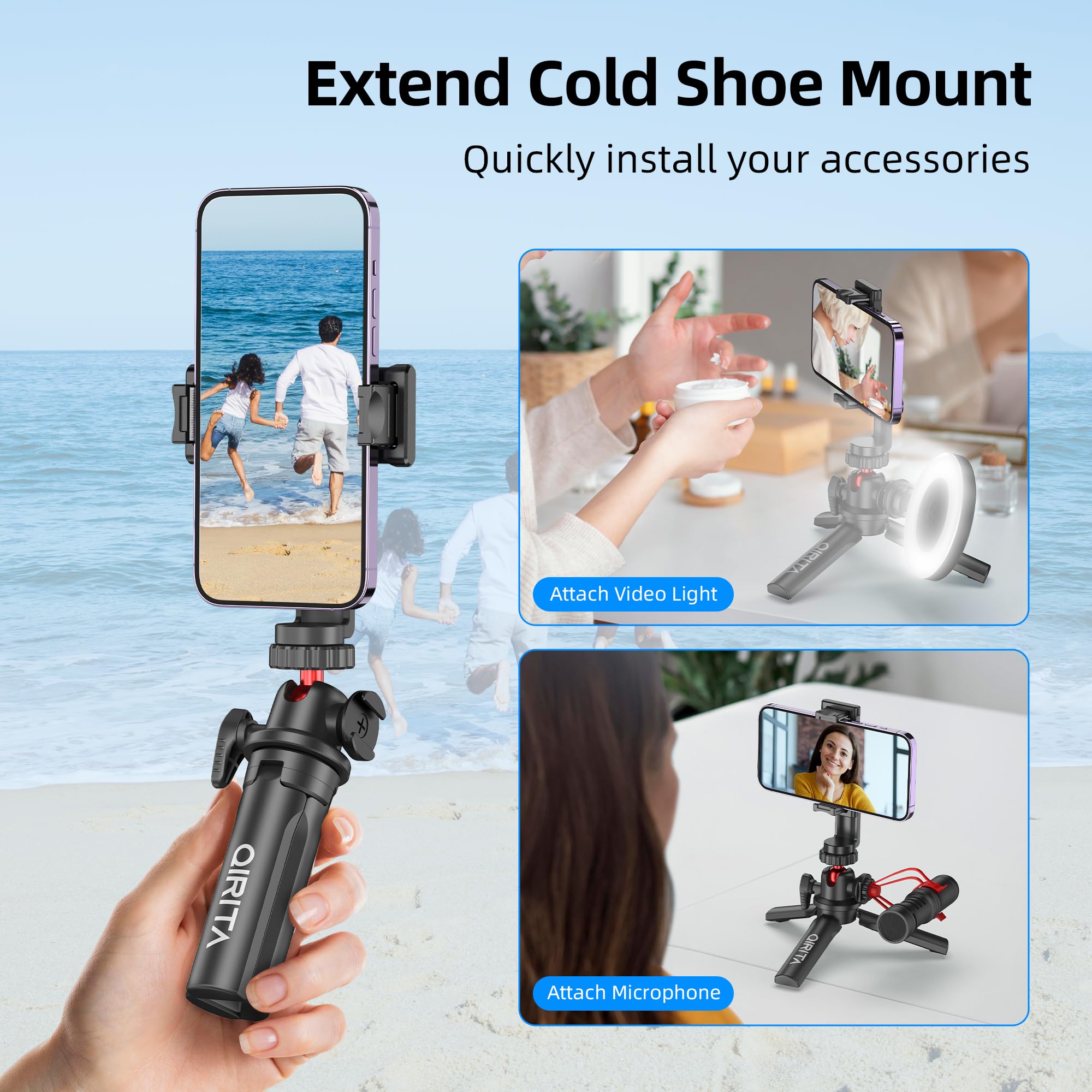 Qirita Mini Tripod & Desk Stand, 360° Rotatable Small Tripod Stand With Phone Holder & Cold Shoe, Selfie Stick Travel Tripod For Iphone/Android/Camera, Mini Hand Grip For Live Stream, Video Calls, Tiktok
