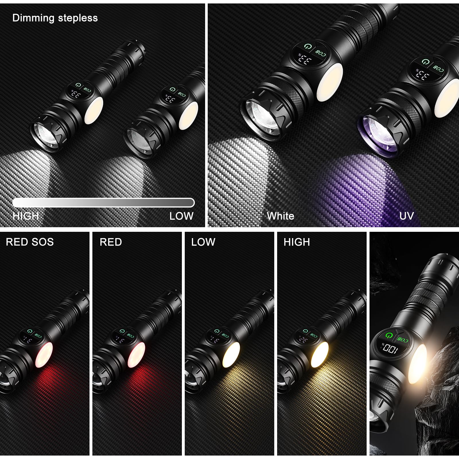 Iodoo 4 In 1 Rechargeable 6500K / 395Nm Uv Flashlight Dimming Stepless True 5000 Lumens Ip45 Zoomable Beam Uv Light, 5000Mah Zoomable Beam Led Flash Light With Magnet Power Failure