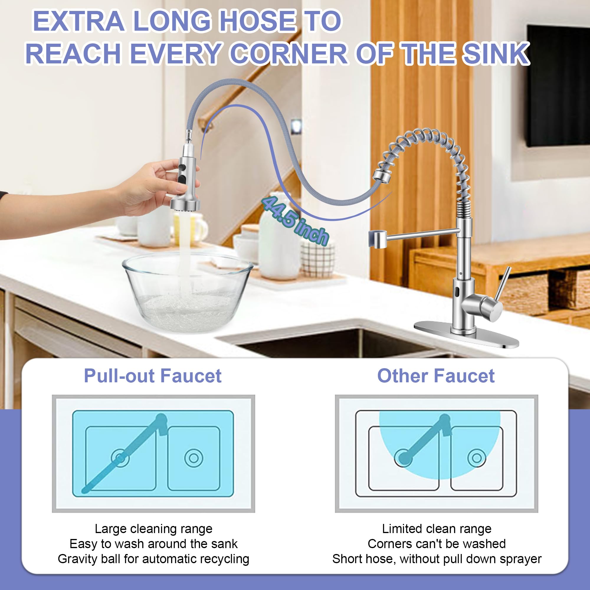 Homikit Touchless Kitchen Faucet With Soap Dispenser, Brushed Nickel Stainless Steel Smart Automatic Motion Sensor Spring Kitchen Sink Faucets With Pull Down Sprayer For Vanity Laundry Rv