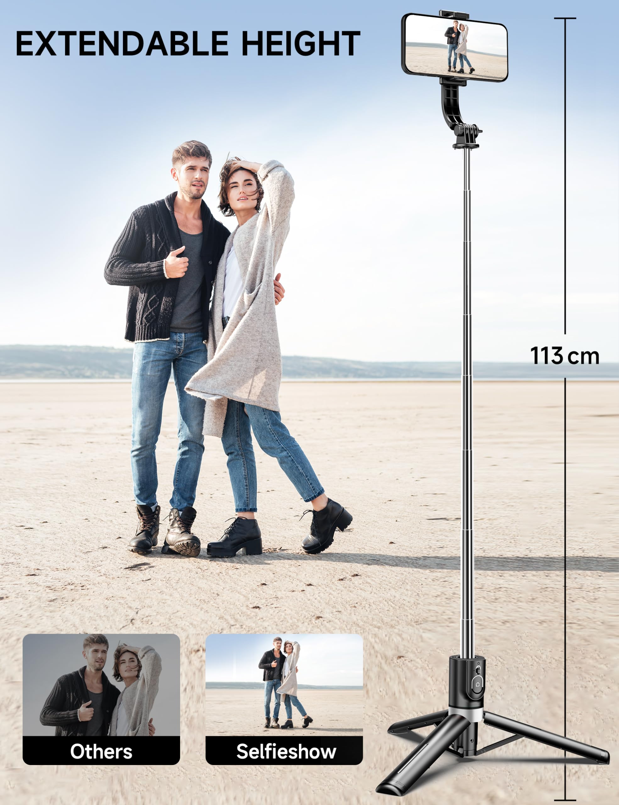 Selfieshow 45" Selfie Stick Tripod With 2 Lights, Extendable 5 In 1 Selfie Stick Phone Tripod, Portable Selfie Sticks With Wireless Remote Compatible With Iphone 15/14/13 Pro Max, Samsung, Android, Gopro