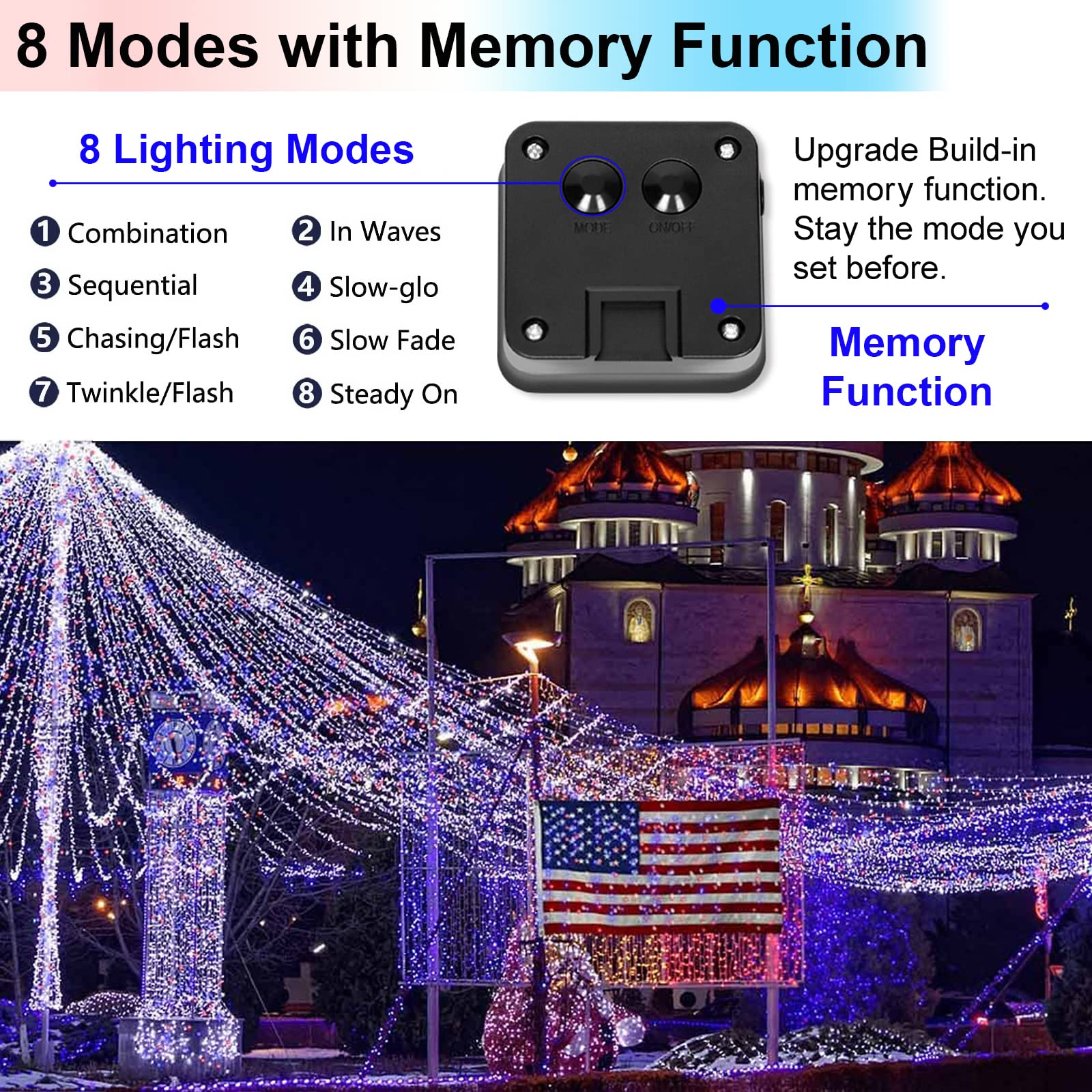 Yaozhou 4Th Of July Memorial Day Patriotic Decorations Solar String Lights Outdoor Waterproof-Red White And Blue Lights,2Pack Each 100Led 33Ft,Ip67 Waterproof 8 Modes Fairy Lights For Garden,Patio Yard
