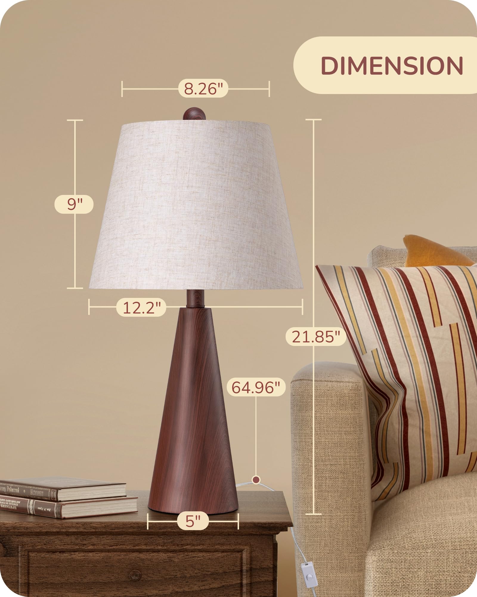 Edishine 21.85" Boho Table Lamp, Farmhouse Bedside Lamp, Water Transfer Red Wood Grain Metal Base, Beige Linen Shade, Rustic Nightstand Light For Living Room, Bedroom, Office, E26 Base