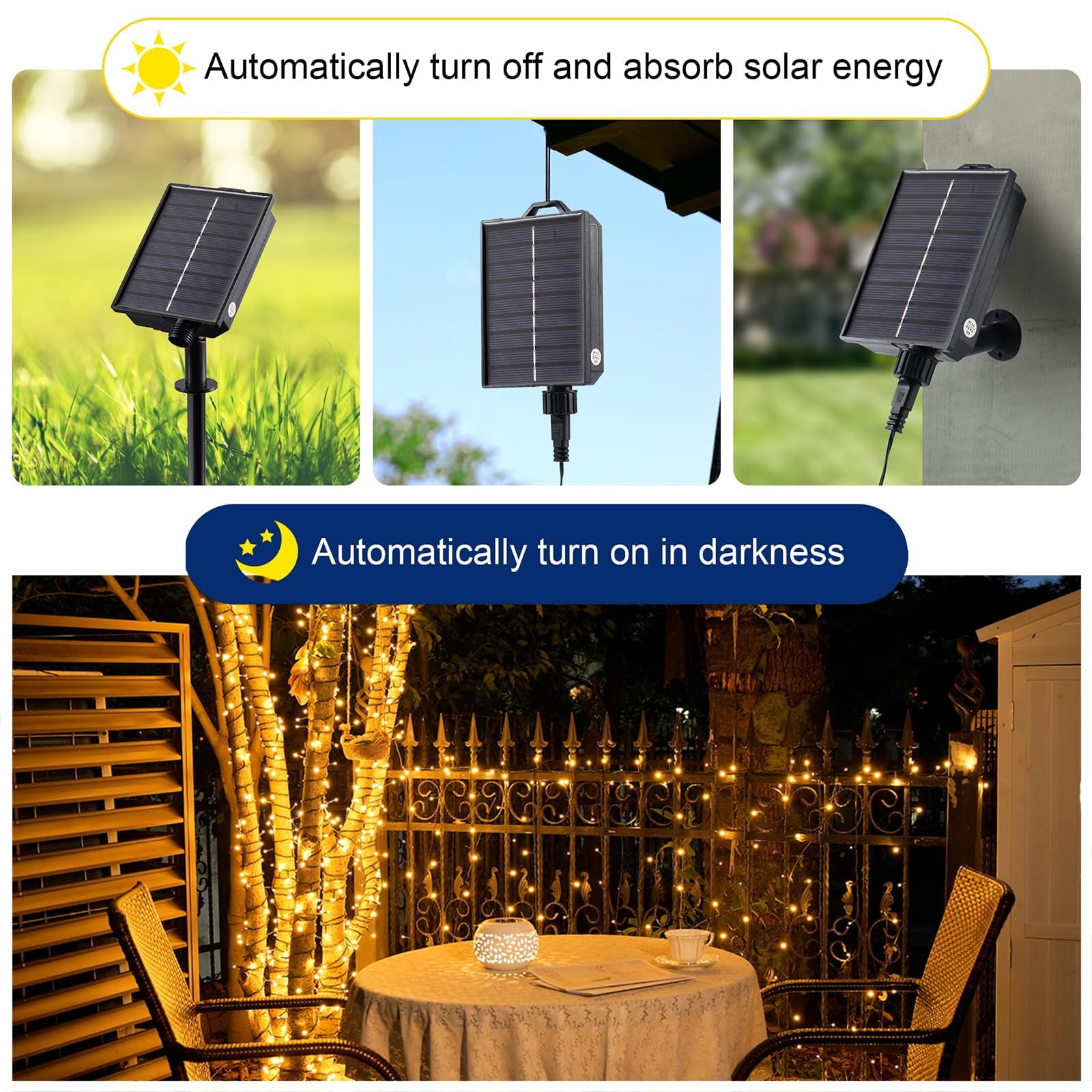 Merrimax M Solar String Lights Outdoor - 65Ft/20M 200 Led Solar Powered String Lights, Usb Charging, Remote, 8 Modes Waterproof Lights For Garden, Yard, Tree Decor- Warm White
