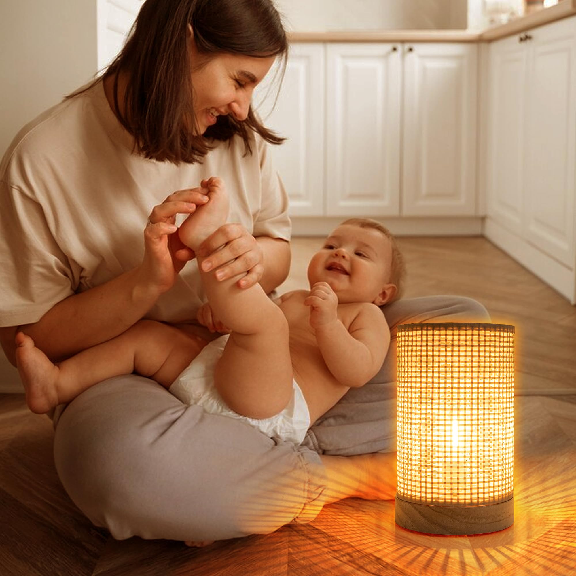 Lusharbor Battery Operated Lamp With Timer, Rattan Boho Table Light Battery Powered Beside Lamps Small Cordless Lamp For Kids Room Entryway Home Decor
