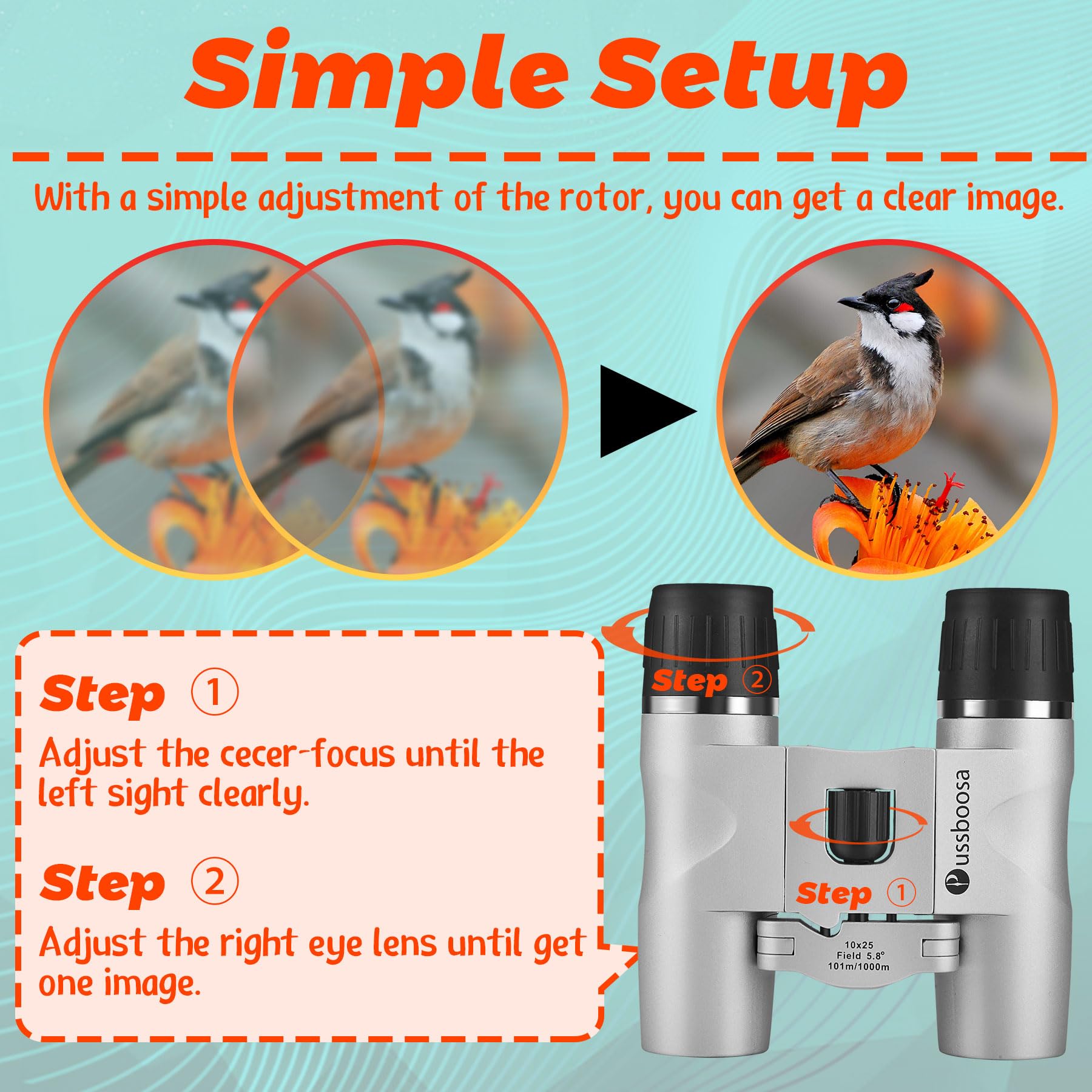 Pussboosa Binocularsbinoculars 10X25 For Adults And Children,Bak4 Prism,High Magnification Easy Focus Binoculars With Shimmering Field Of View,Compact Binoculars For Birdwatching And Outdoor Adventures