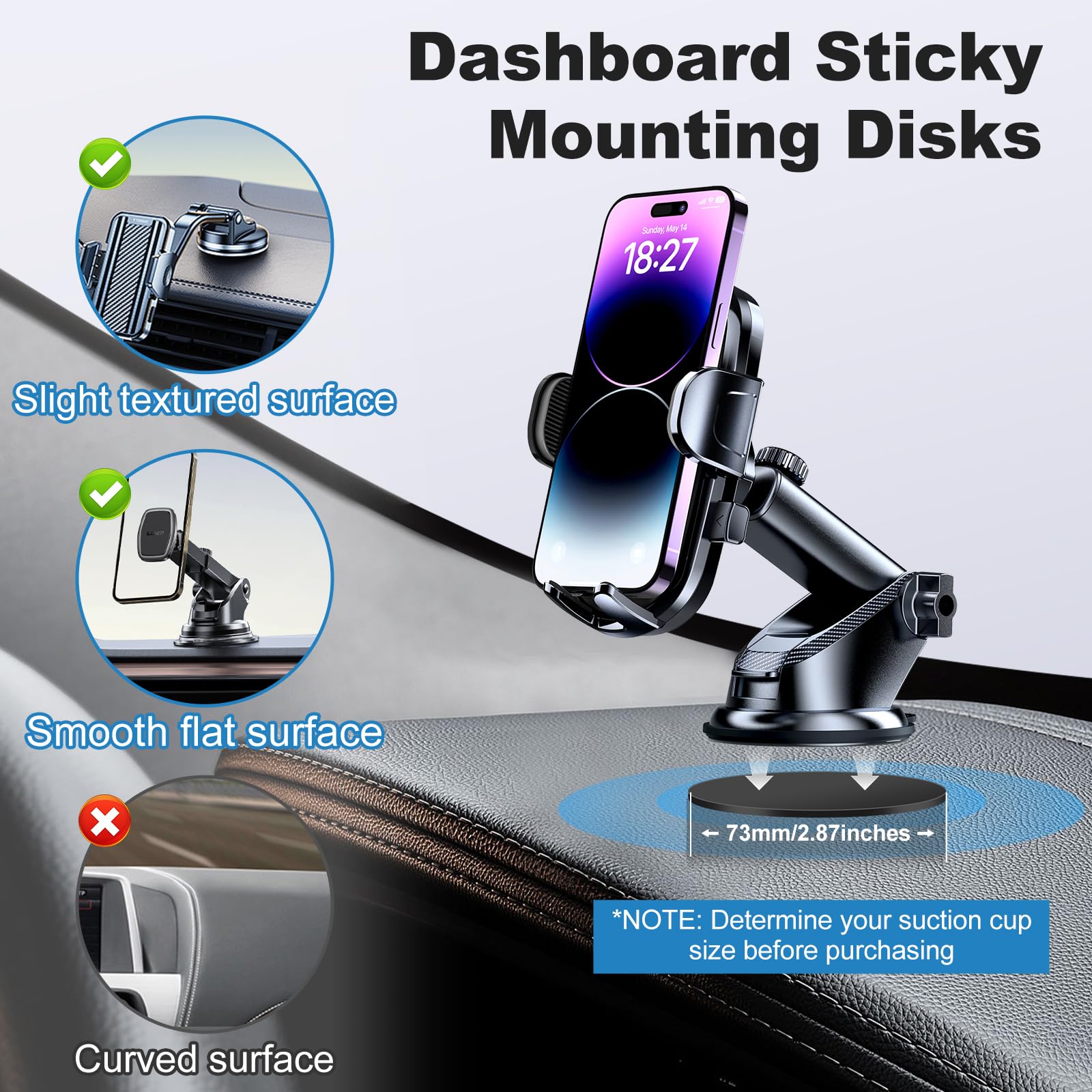 Pormkig Adhesive Dashboard Pad Mounting Disk For Suction Cup Phone Mount, Heat Resistant Sticky Disc For Car Cell Phone Holder, 2Pcs 73Mm(2.87") Mount Disk Replacement For Sat Nav Holder Base, Tablet Bracket
