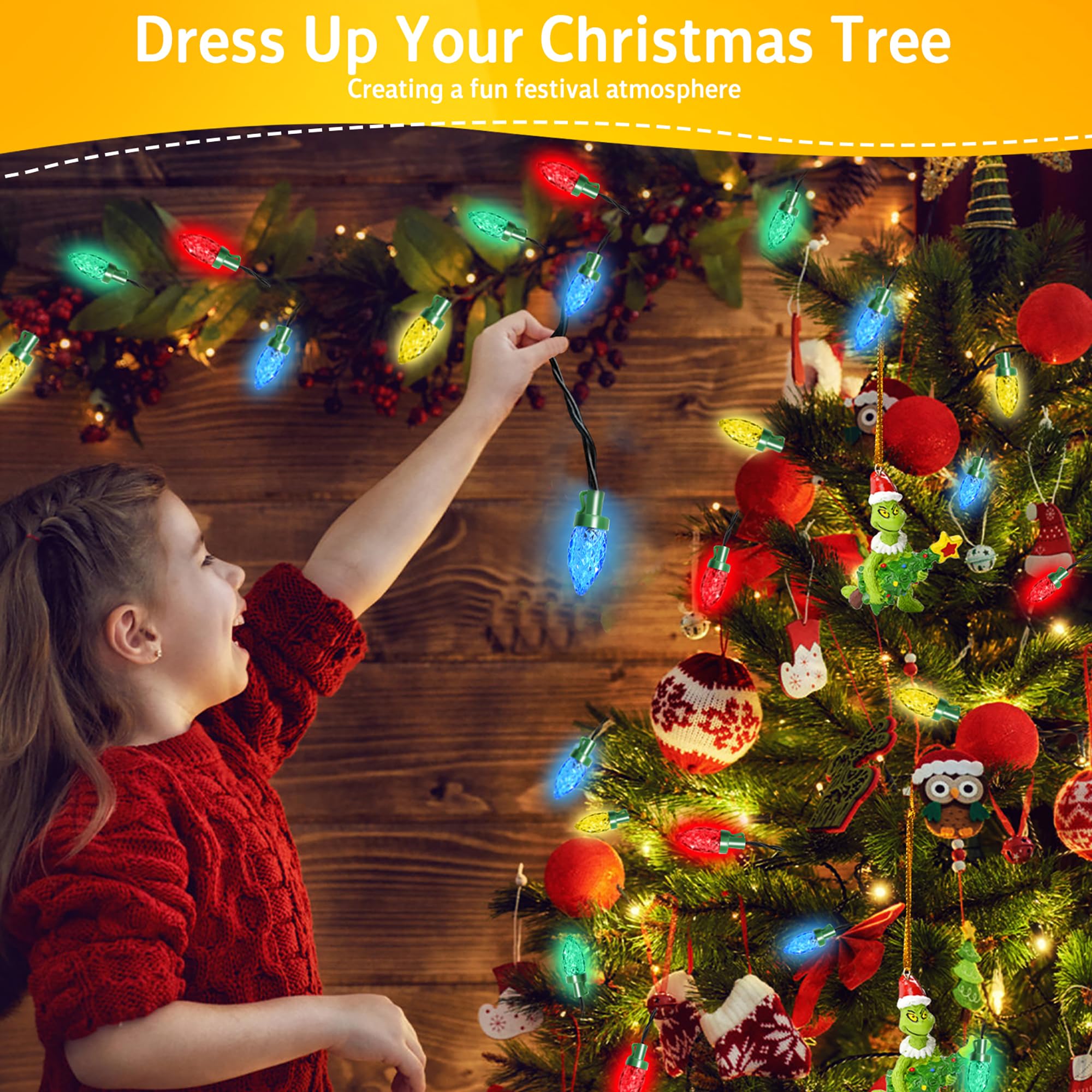 Ponyotop Solar Outdoor Christmas Lights C7 31Ft 50 Led Colourful Strawberry String Lights Green Wire Solar Garden Lights For Christmas Tree Yard Patio Window Railing Camping Decoration