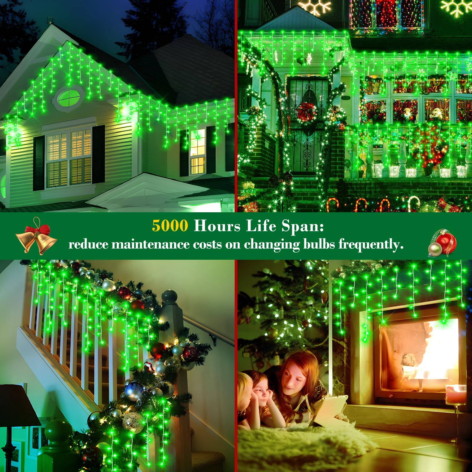 Xurisen 66Ft Christmas Lights Decorations Outdoor, 640 Led 8 Modes Curtain Fairy Lights With 120 Drops,Plug In Waterproof Timer Memory Function For Christmas Holiday Wedding Party Decor(Green)