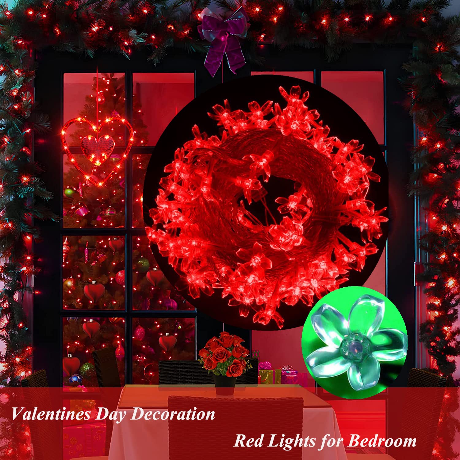 Fullbell String Lights Red Room Decor Cherry Blossom Lfights Red Flower String Lights 100 Led Memorable Extendable Red String Lights Red Led Lights (Red)