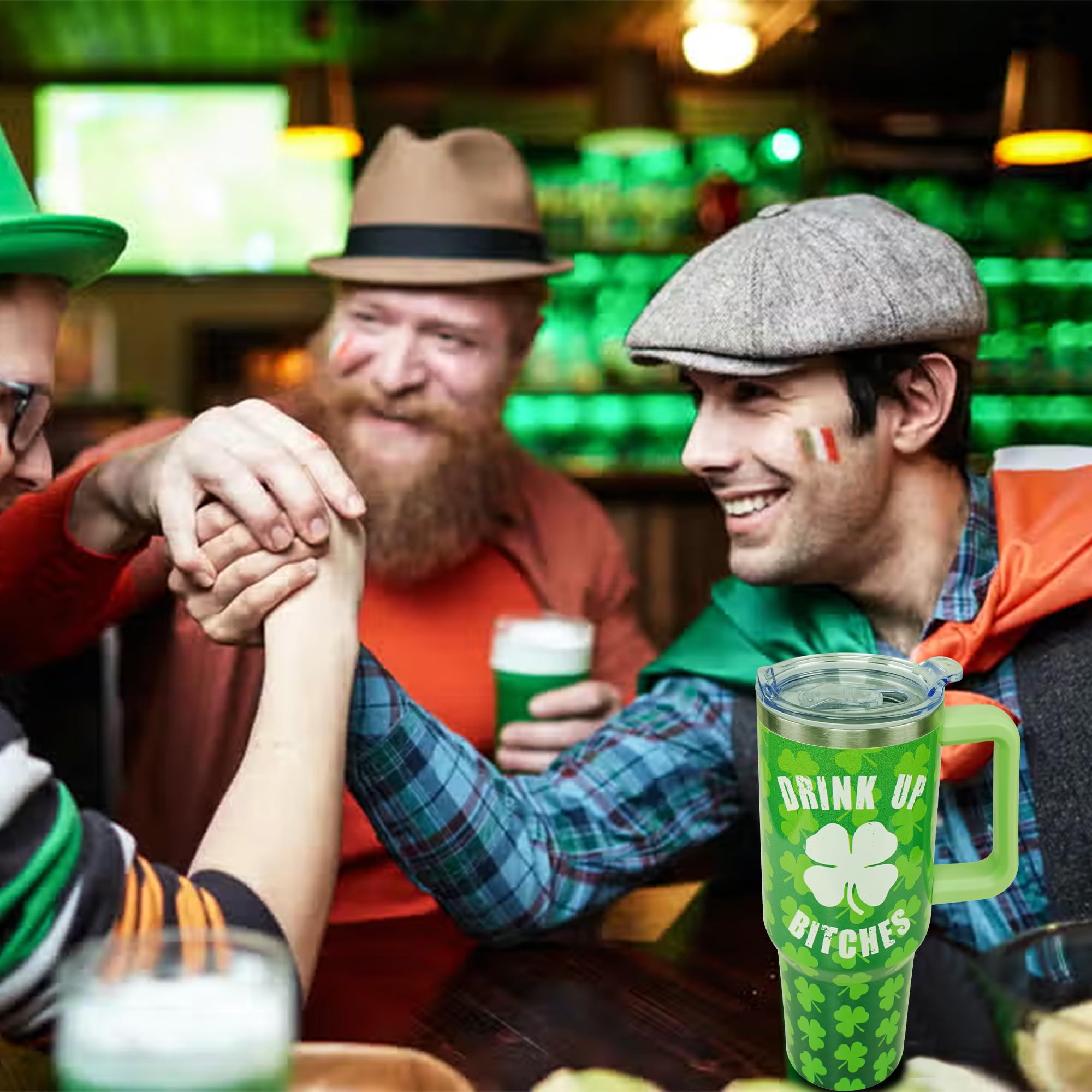 40Oz St Patricks Day Tumbler With Handle And Straw, Green Irish Shamrocks Stainless Steel