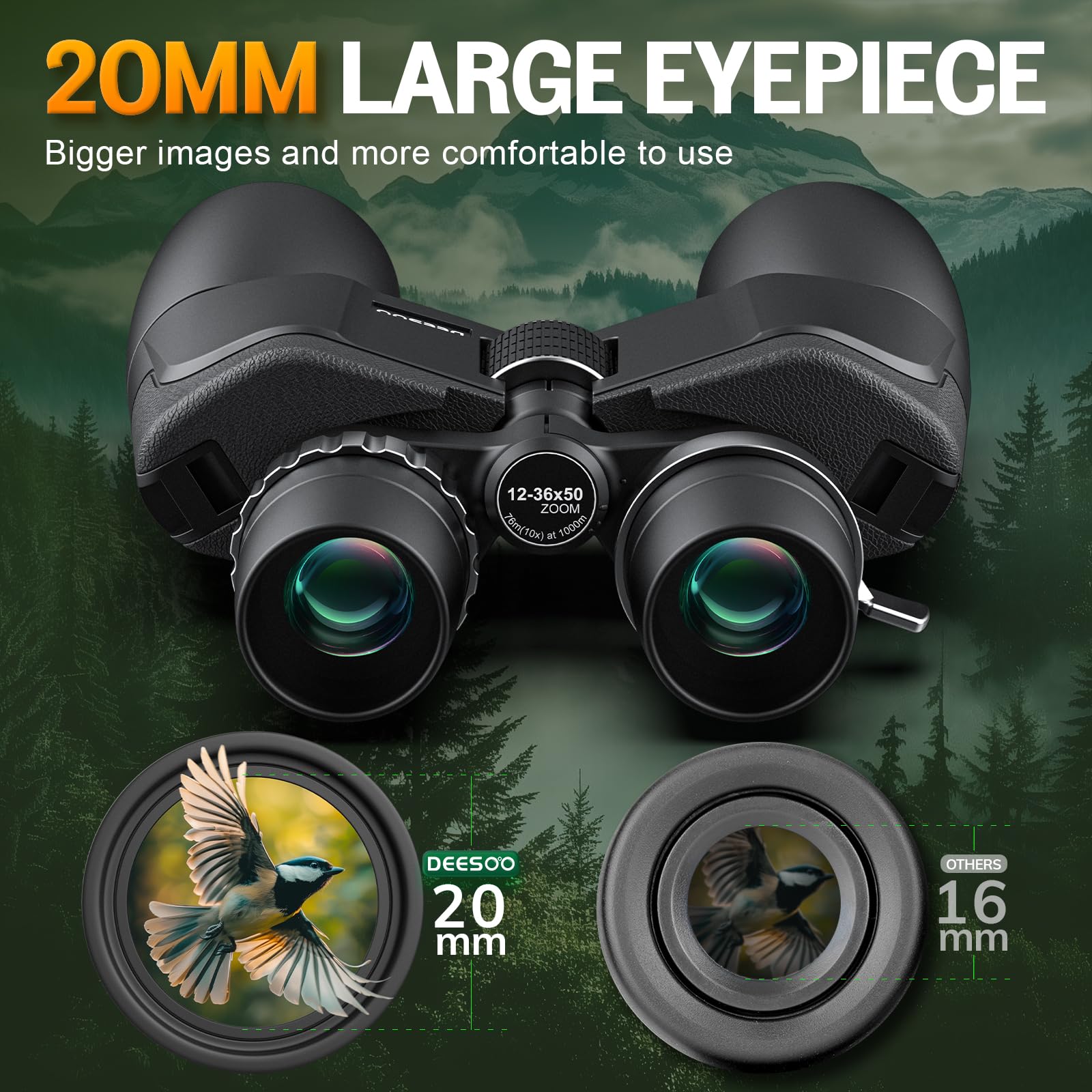 Deesoo 12-36X50 Hd Binoculars For Adults - High Powered Binoculars With Clear Low Light Vision For Bird Watching - Zoom Binocular With Large View For Hunting Cruise Ship Travel Hiking Opera
