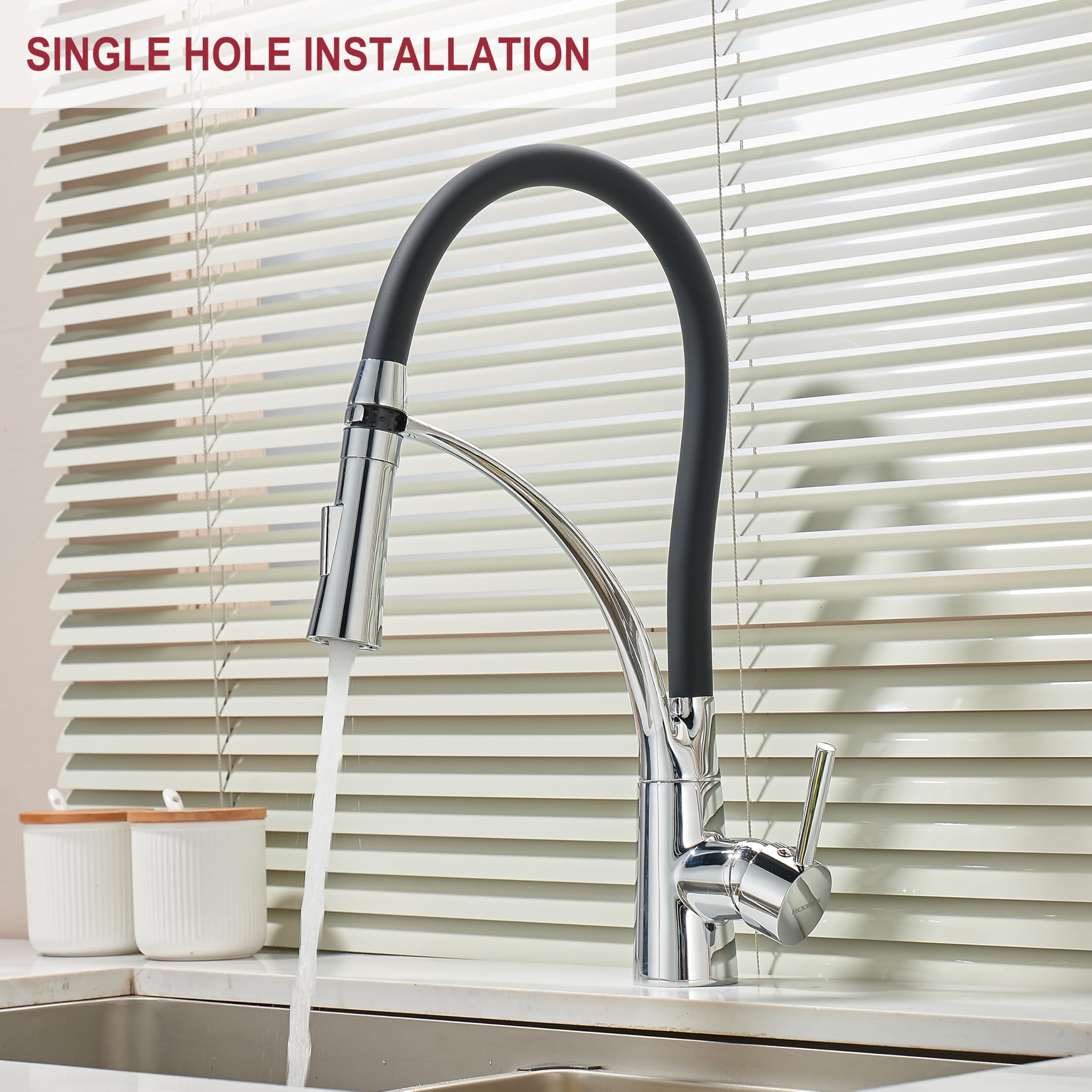 Roddex Pullout Kitchen Faucet Flexible Silicone Sprayer Single Handle Pull Down Brass Gooseneck Kitchen Sink Faucet Modern High Arc Faucet, Polished Chrome W/Black Rubber Pull Out Spout Hose