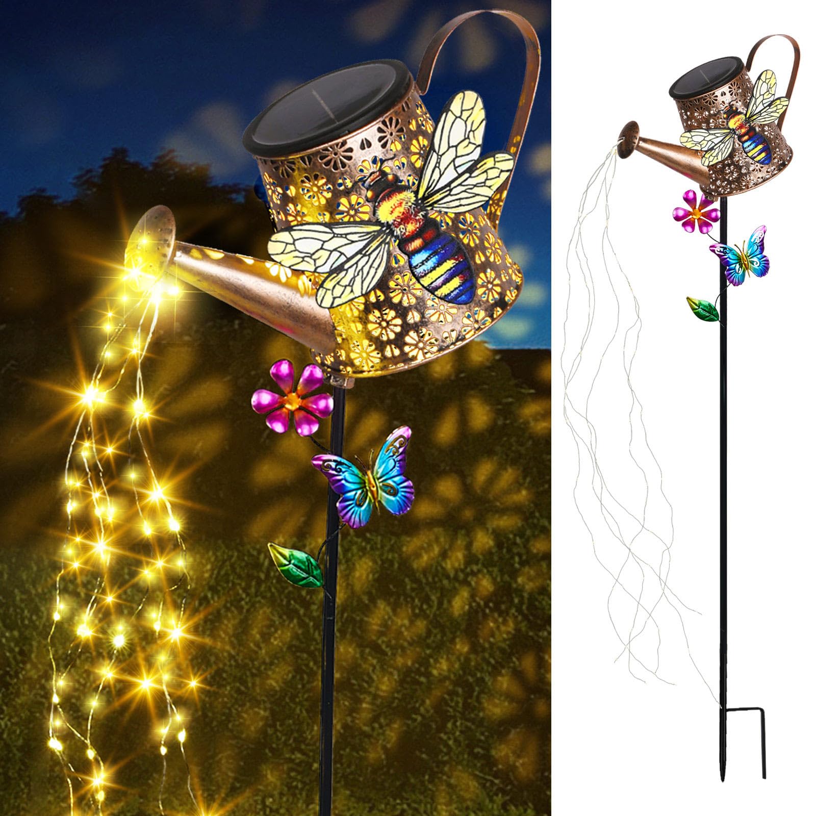 inhome Solar Lights Outdoor Decorative, 39.4'' Metal Solar Watering Can Lights With Bee, Waterproof Garden Stake For Yard Lawn Patio Pathway Landscape, Gardening  For Mom Grandma Women