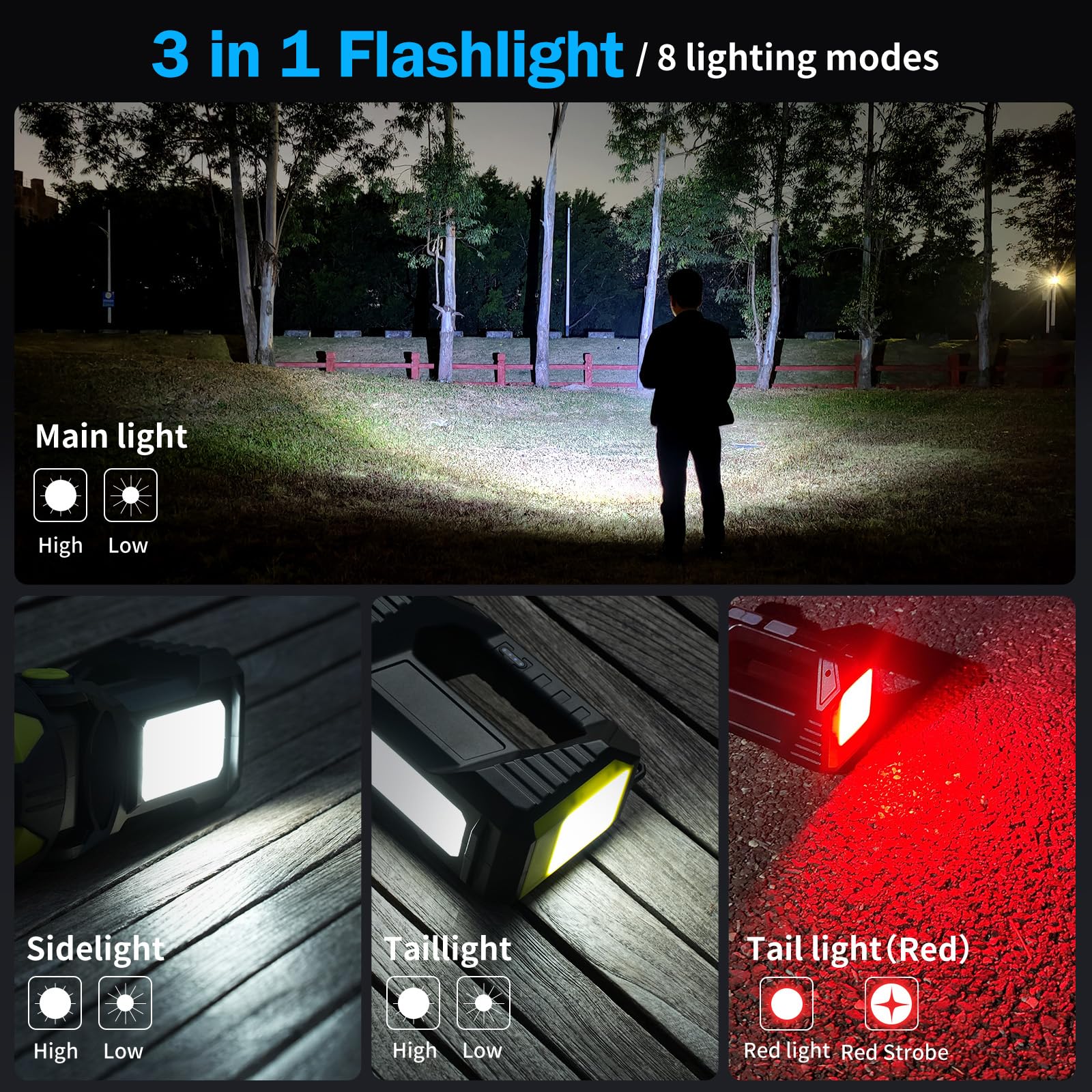 Bochaos Led Spotlight, 10000 Lumens Rechargeable Flashlight, 90° Rotate, 8 Modes With Cob& Tail Light, Ipx5 Waterproof,4800Mah Battery, Handheld Flashlight For Camping, Emergency