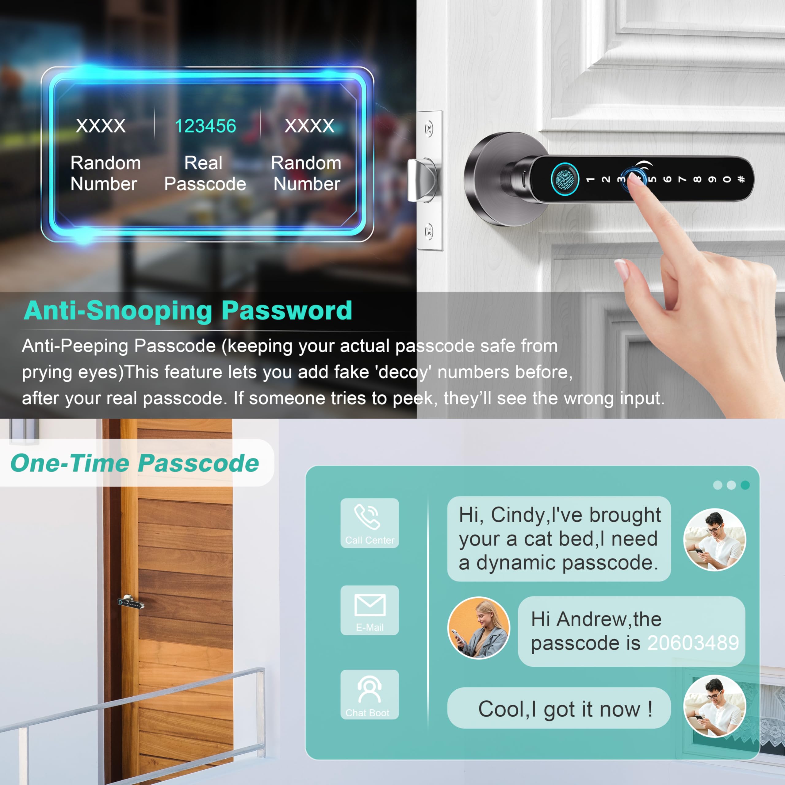 Vanzbon 5 In 1 Fingerprint Door Handle Lock For Bedroom,Smart Biometric Door Knob With Code,Electric Finger Print Doorknob,Keyless Smart Entry Door Lock Handle For Apartment,Interior Door,Office(Grey,Black)