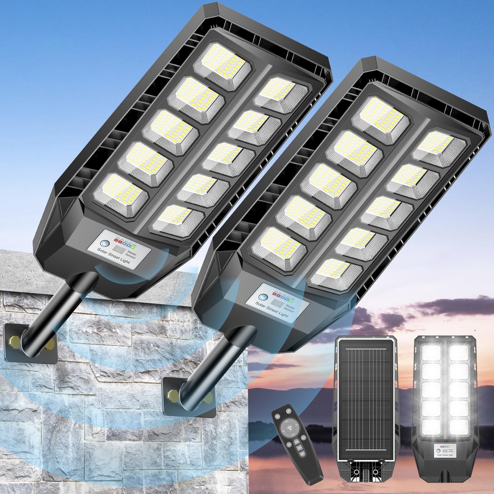 Cedio Solar Lights Outdoor Waterproof, Ip66 Solar Street Lights Outdoor, 6500K Led Street Light Dusk To Dawn With Motion Sensor, Security Flood Light For Parking Lot, 2Pack