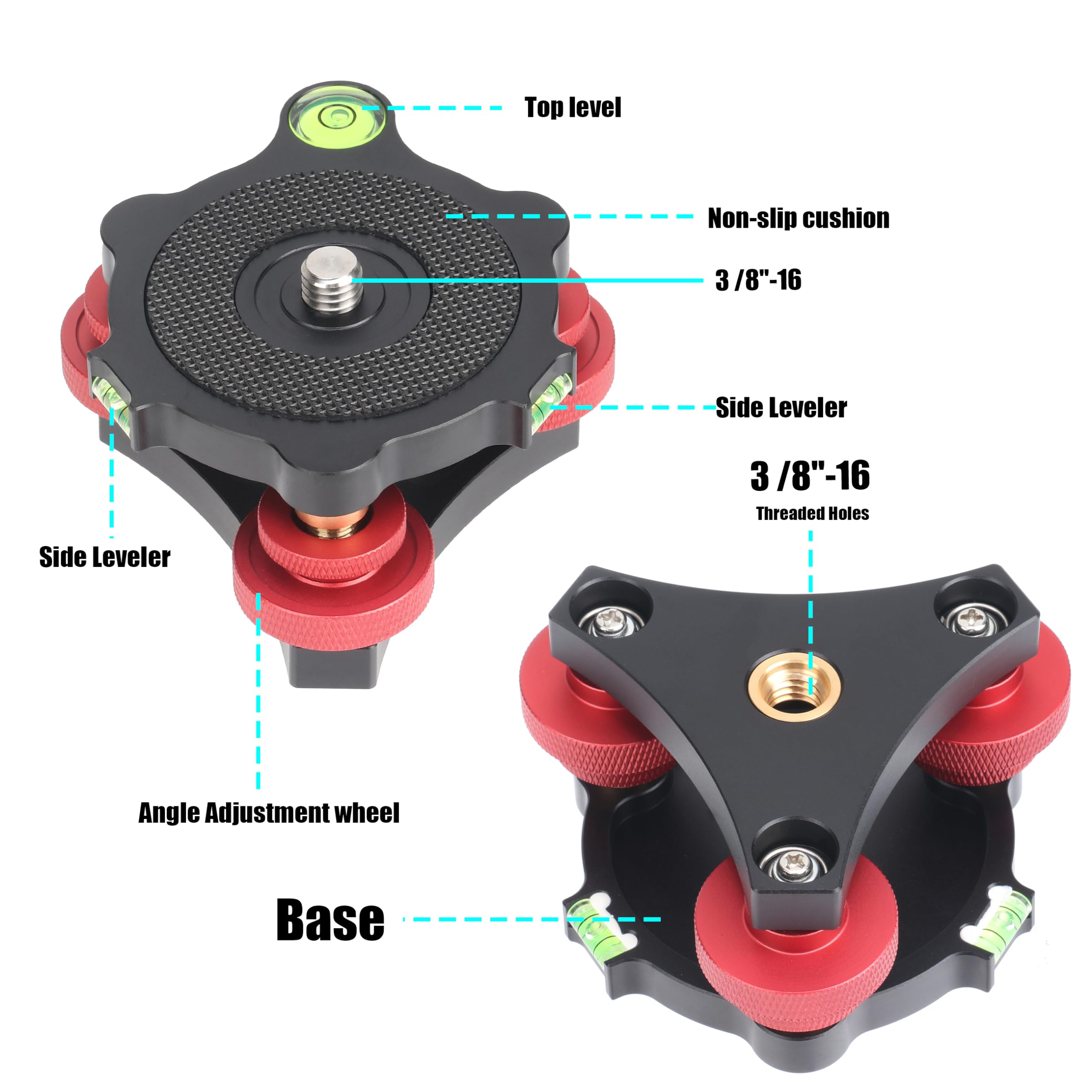 Fotga 33Lb Load Camera Tripod Lever Stand Leveling Base Tri Wheel Head -/+ 5 Degree Angle Adjustment With 3/8"-16 Thread Mount For Dslr Camera Tripod Head Panoramic Head Rail Slider Macro Photography