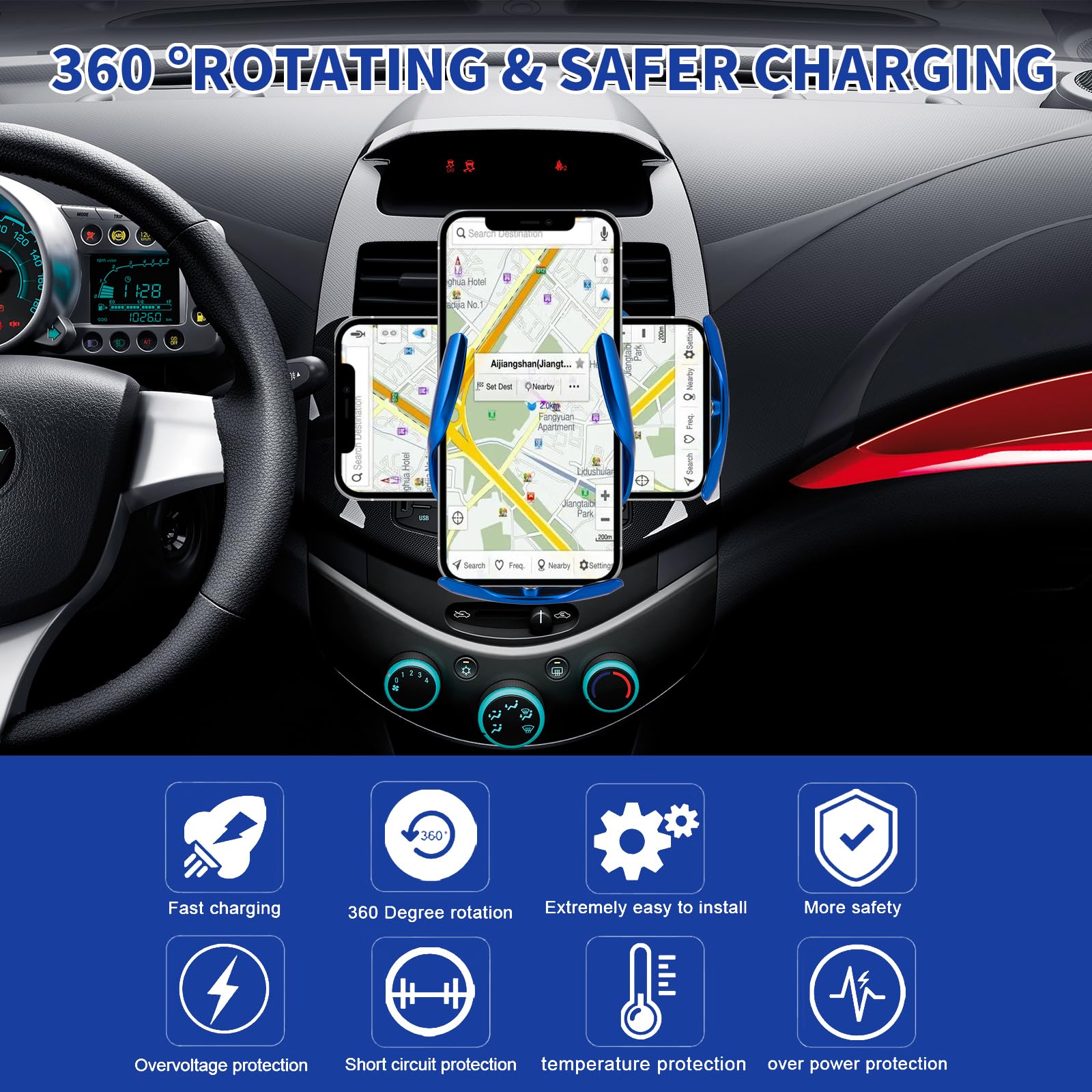 Lfnown Wireless Car Charger Mount - 15W Fast Charging Auto-Clamping Phone Holder For All Android Smartphones (Silver)