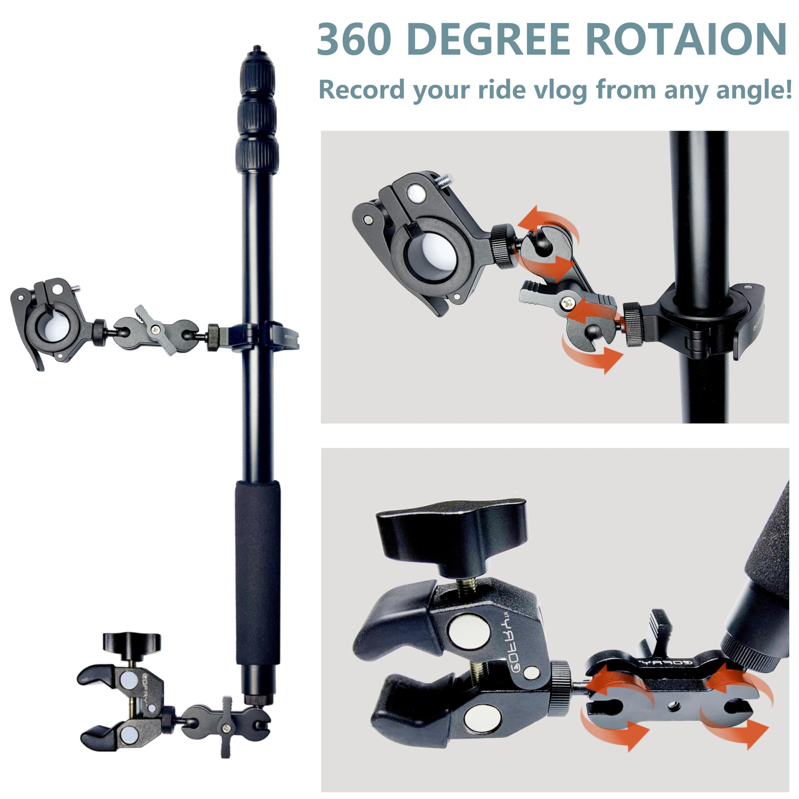 Cofry Motorcycle Camera Mount For Insta 360,Adjustable Studio Microphone Boom Arm Stand With Dual Mounting Clamps, Extension Pole Kit Compatible With Insta360 X4 And Gopro