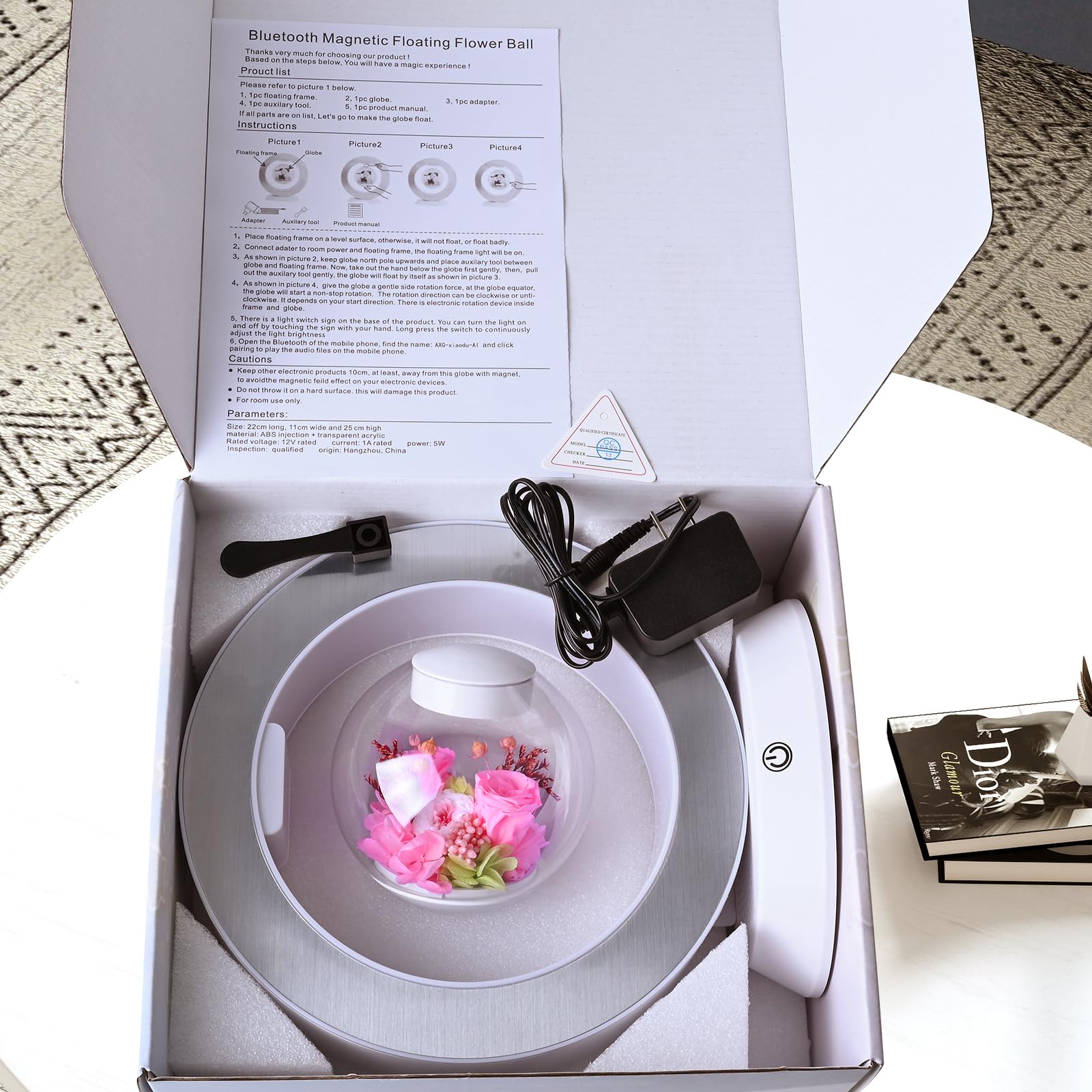 Lovelin Magnetic Levitation Circle Table Lamp With Bluetooth Speaker,5W Led Night Light,Three Variable Color,Automatic Rotating Preserved Flowers Creative Home Office Ornament Rotundity Layout