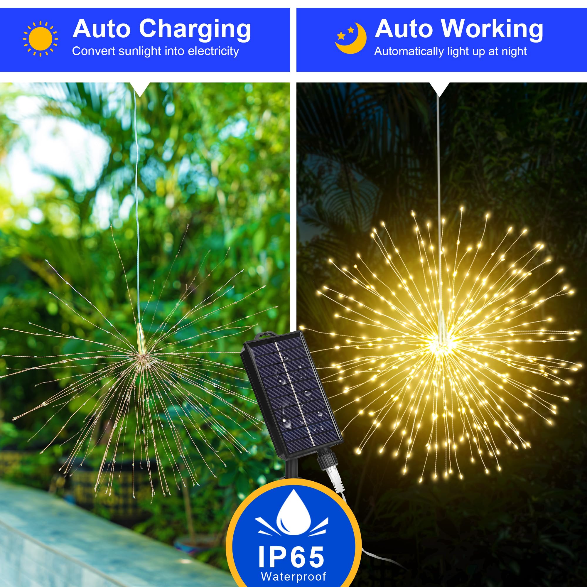 Lertdai Solar Firework Lights Outdoor, 600 Led Starburst Light Outdoor With Usb Rechargerable, 8 Modes Waterproof Solar Hanging Lights For Gazebo Yard Party Wedding Decorations (Warm White, 600 Led)