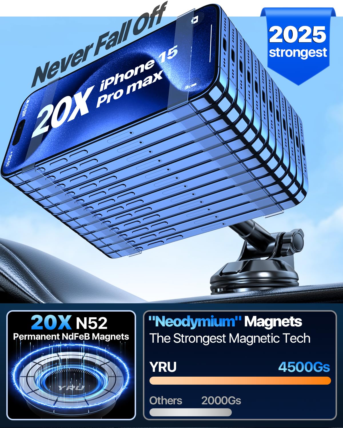 Yru [ ] Magnetic Phone Holder For Car【Patented & Super Magnet】 For Magsafe Car Mount Dashboard Magnet Phone Holder Windshield Phone Stand For Iphone 16 15 14 13 12 Pro Max Samsung, Black