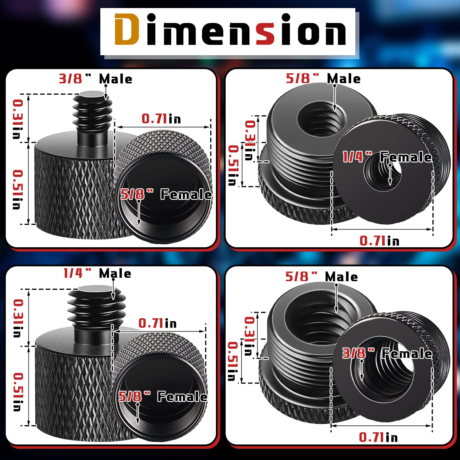 Hotop 4 Pieces Mic Stand Adapter 5/8 Female To 3/8 Male And 3/8 To 5/8 And 5/8 To 1/4 And 1/4 Female To 5/8 Male Combo Pack Microphone Stand Adapter To Camera Tripod