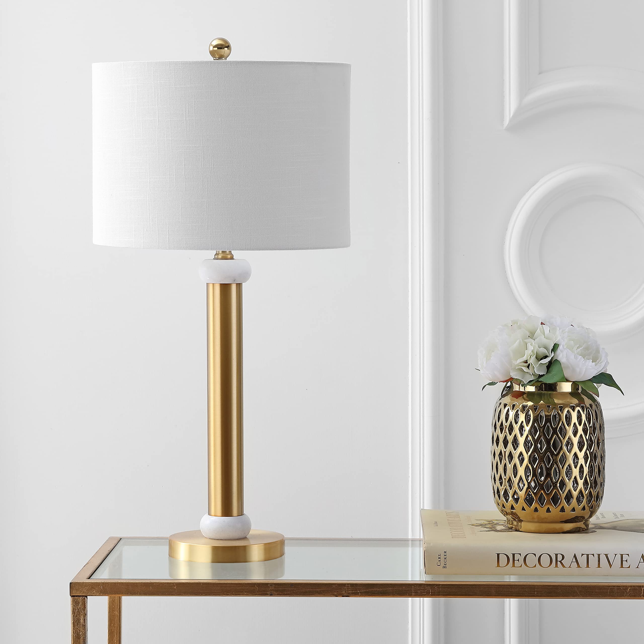 Jonathan Y Jyl1087A Gregory 27" Metal/Marble Led Table Lamp Contemporary Transitional Bedside Desk Nightstand Lamp For Bedroom Living Room Office College Bookcase Led Bulb Included, Gold/White