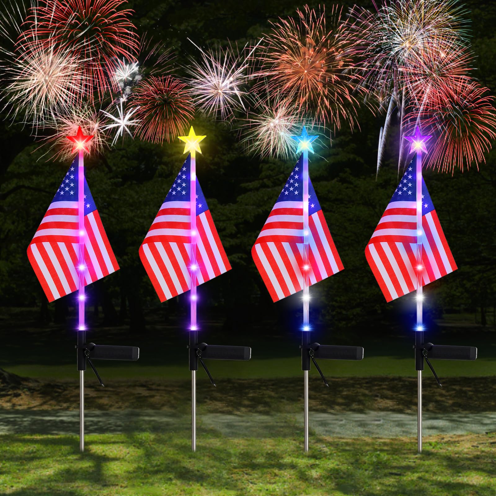 Kaitesla July 4Th Decorative Solar American Flag Lights July 4Th Solar Patriotic Flag Lights, 2 Modes Garden Pile Lights Led Landscape Lights Street Lights (Color Change), Xy-T001