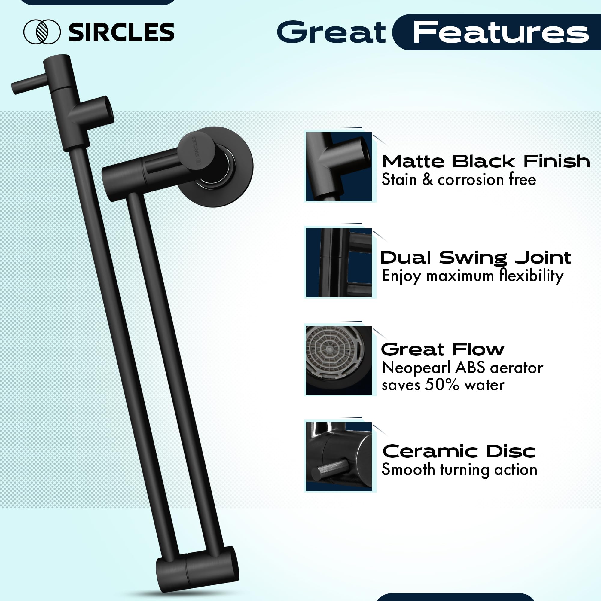 Sircles Pot Filler Faucet - Matte Black Finish - Extra Long 26-Inch - Wall Mount Stainless Steel - Dual 360° Swing Joints - Teflon Tape & Extra Cartridge Included