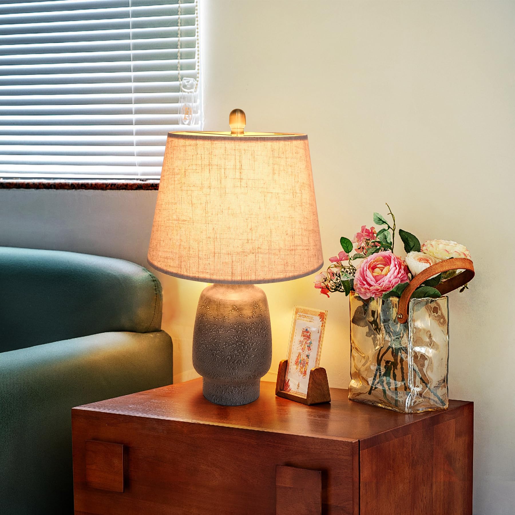 Msrzuds 22" Antique Black Table Lamp, Country Rustic Desk Lamp With Linen Beige Fabric Shade And Resin Base For Bedroom, Living Room, Dining Room, Office, Bedside