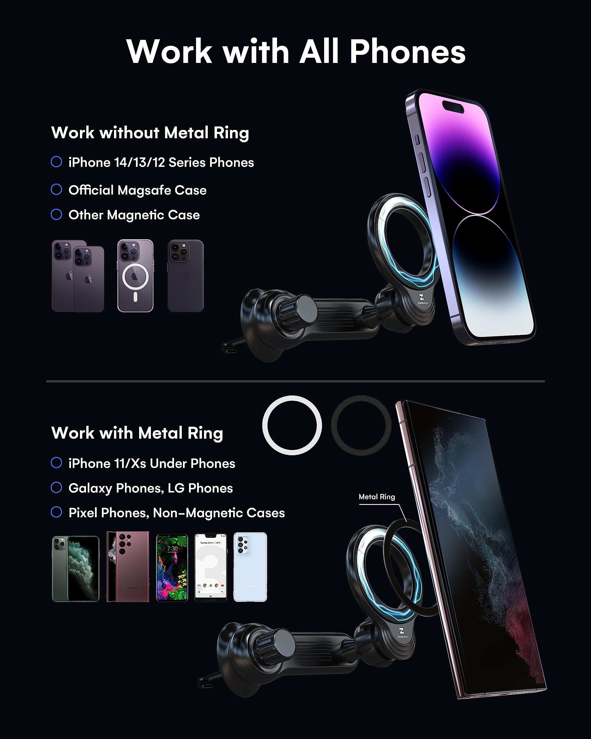 Zeehoo Compatible With Magsafe Car Mount, Magnetic Phone Holder For Car [12 Strongest Magnets], Magnetic Car Vent Phone Mount [Non-Blocking&360 Rotation] For Iphone 15 14 13 12 Pro Max Mini