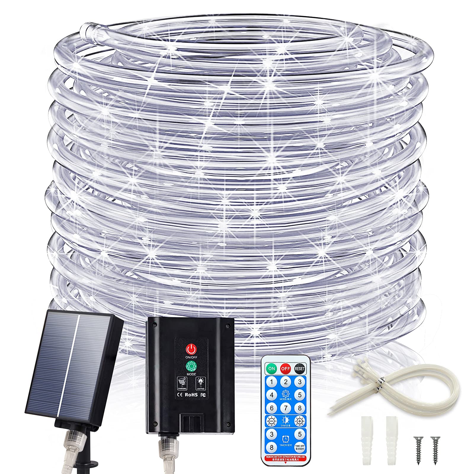 Icrgb 66Ft 200Led Solar Rope Lights, Outdoor Waterproof Solar Lights With Remote, Ip67 Solar Powered String Light With Timing & 8 Modes For Garden Tree Pathway Yard Pool Rv Christmas Decor, White