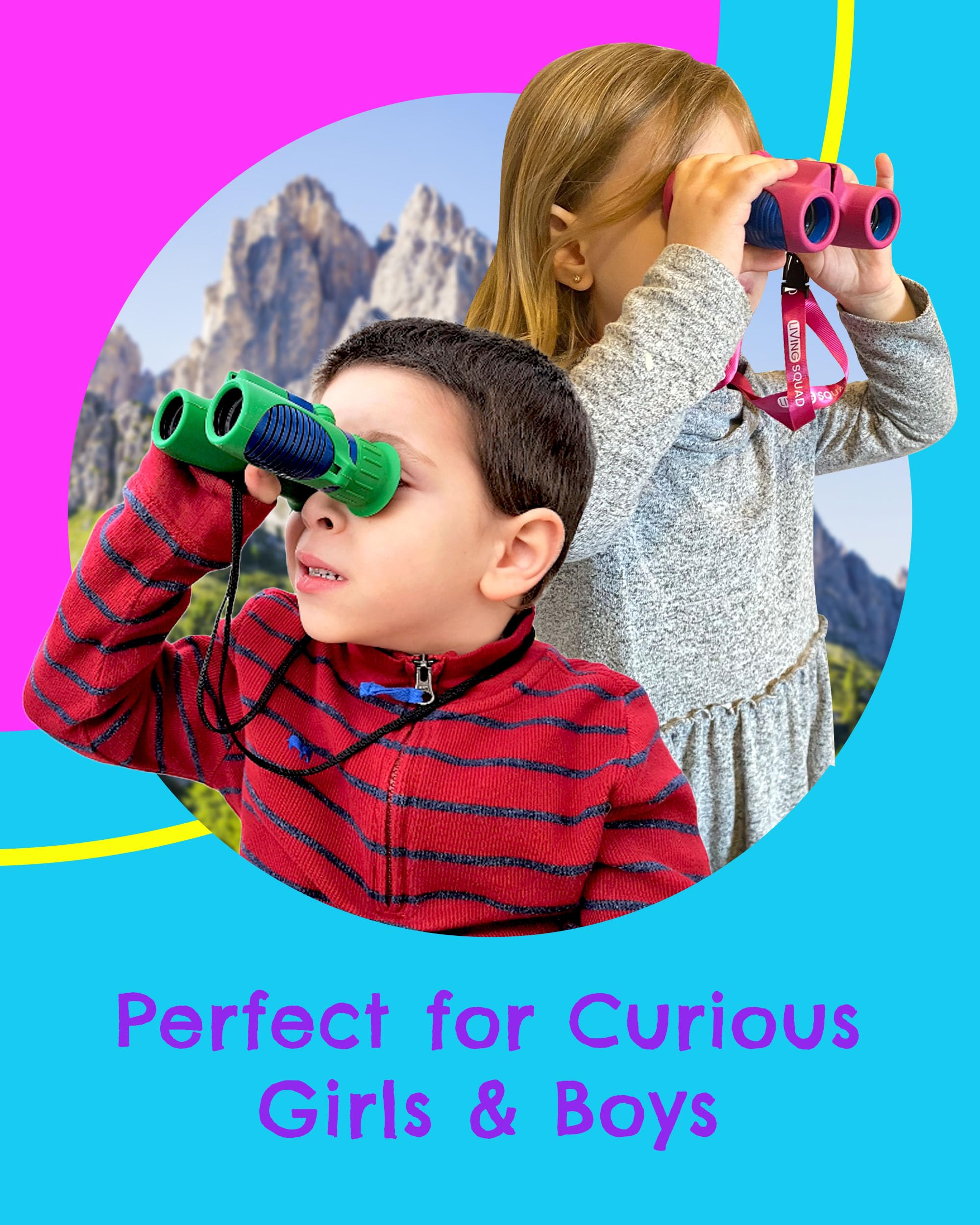 Living Squad Kids Binoculars 8X21- Kids  Aged 3-12, Shock Proof Compact Binoculars For Child Set- Neck Strap, Compass, Carabiner, Case- High-Resolution Optics Boy & Girl  Toy For Bird Watching, Camping