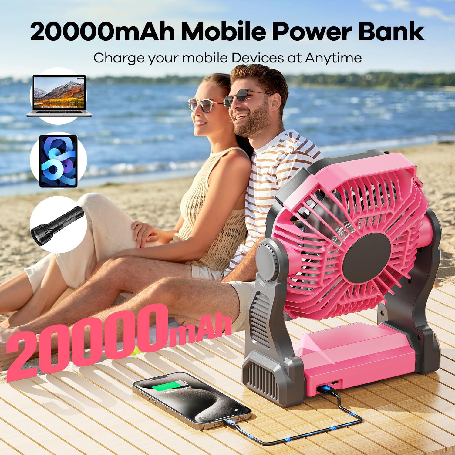 Camping Fan With Led Lantern, 20000Mah Portable Rechargeable Battery Powered Table Fan With Hook