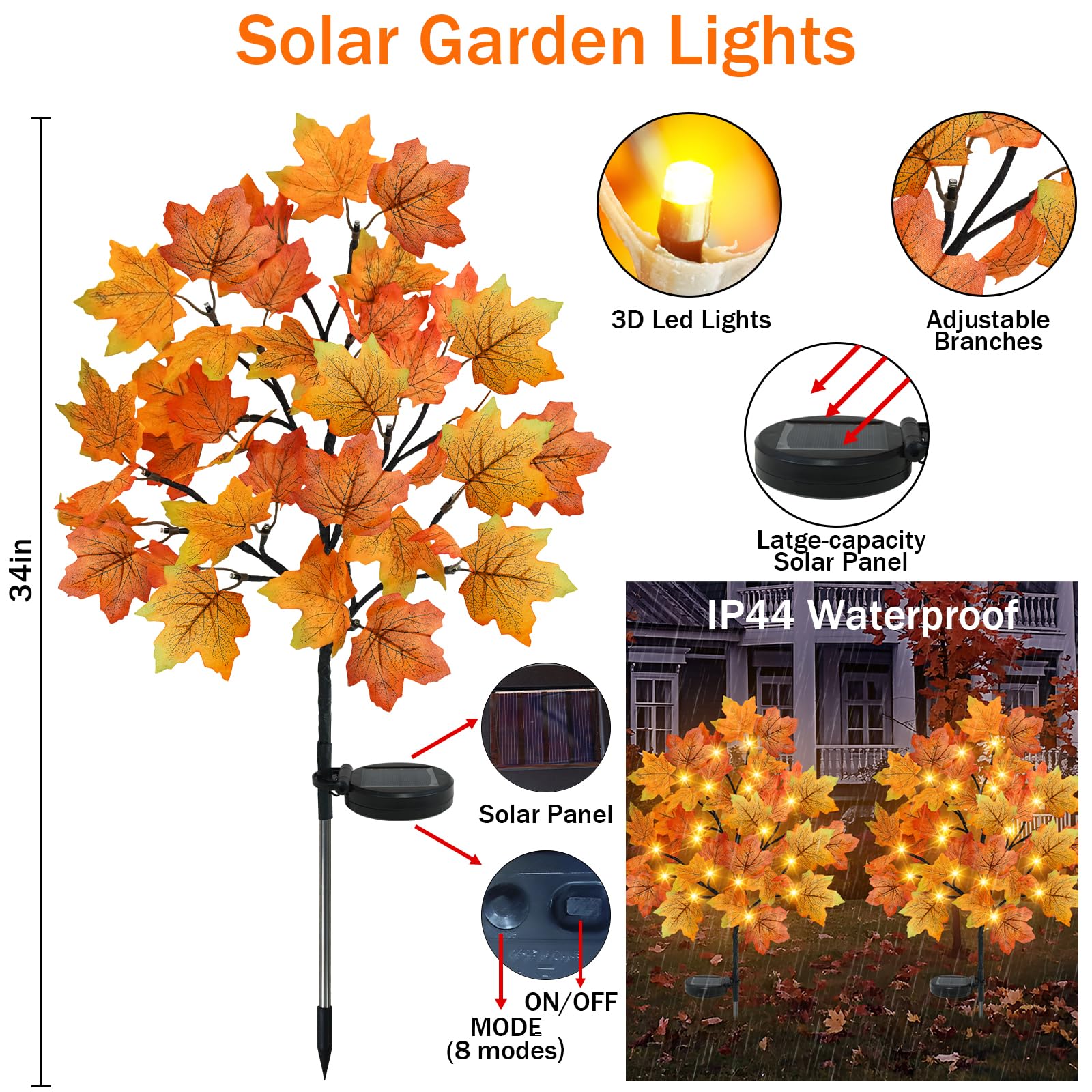 Torontokyo 2 Pack Fall Solar Outdoor Lights, Fall Decor 40 Led Maple Leaves Solar Stake Light With 8 Modes, Waterproof Fall Garden Lights Thanksgiving Decorations For Autumn Yard Pathway Outside