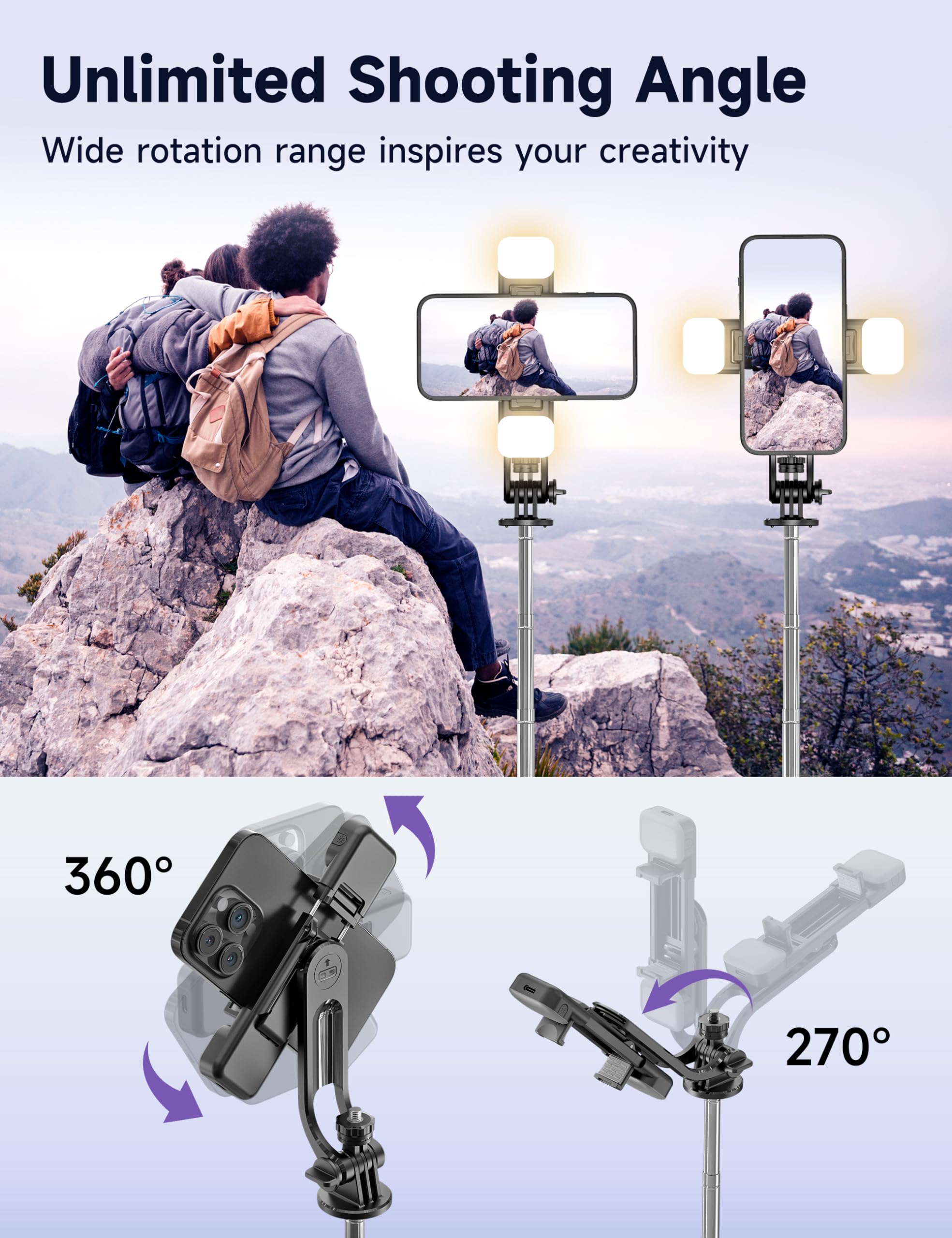 Selfieshow 53'' Selfie Stick Tripod With Light, Extendable Selfie Stick With Remote, Portable Cell Phone Tripod Stand With All In 1 Phone Clip, Lightweight Camera Tripod Compatible With Iphone 15 14 13, Android
