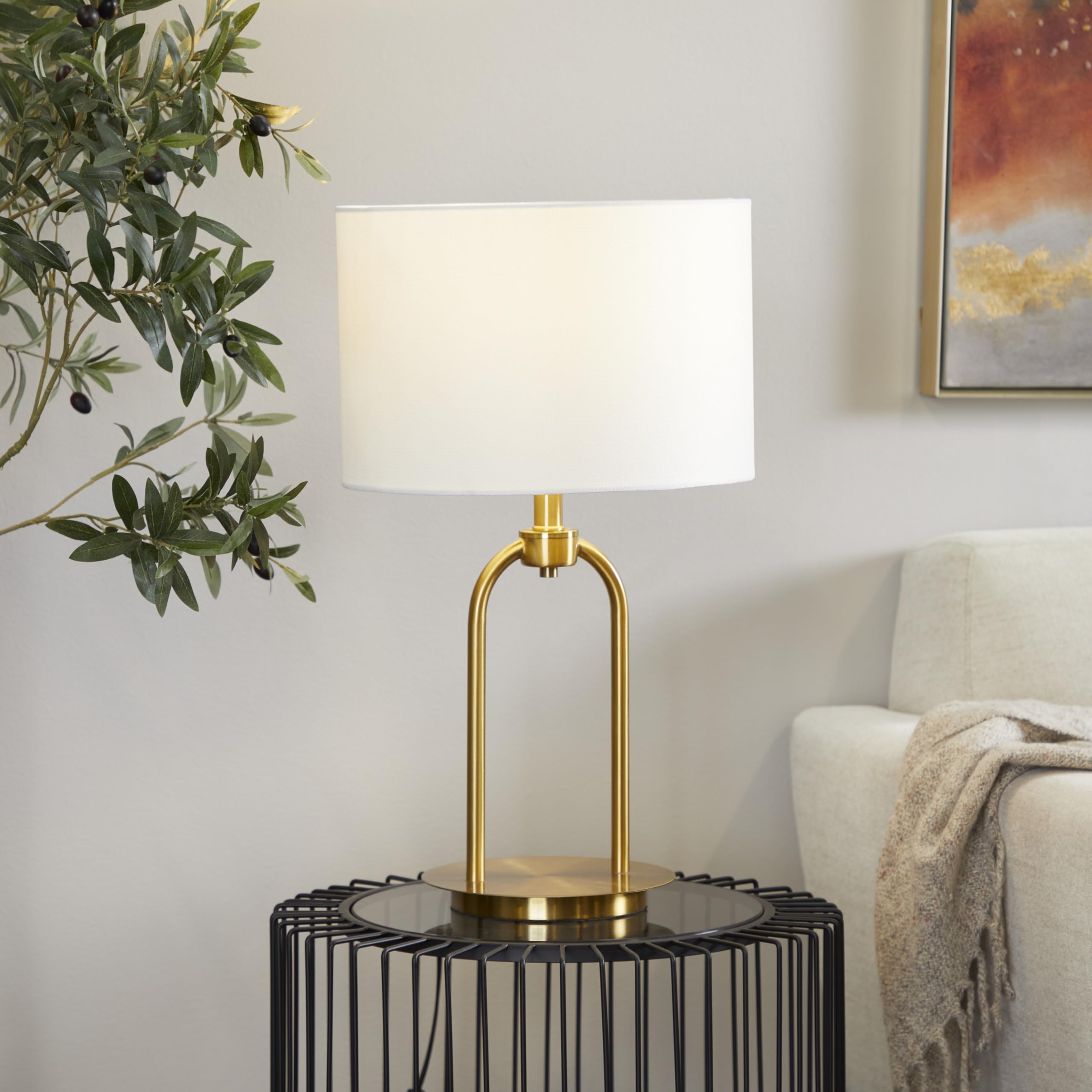 Cosmoliving By Cosmopolitan Deco 79 Metal Room Table Lamp Arched Accent Lamp With Drum Shade, Lamp 7" X 7" X 19", Gold