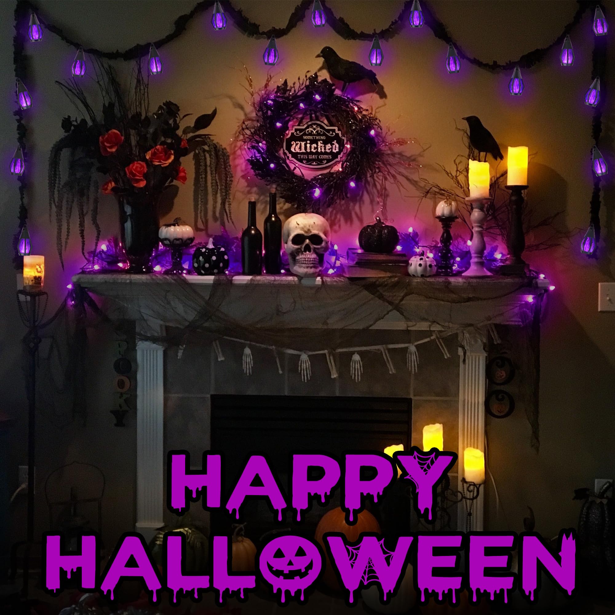 Jnaurb Solar Halloween Lights Outdoor, 13Ft Outdoor String Lights With 10 Flickering Flame Bulb, Waterproof Solar Powered Purple Halloween Lights Led Flame Lights For Halloween Decorations Yard Patio Garden