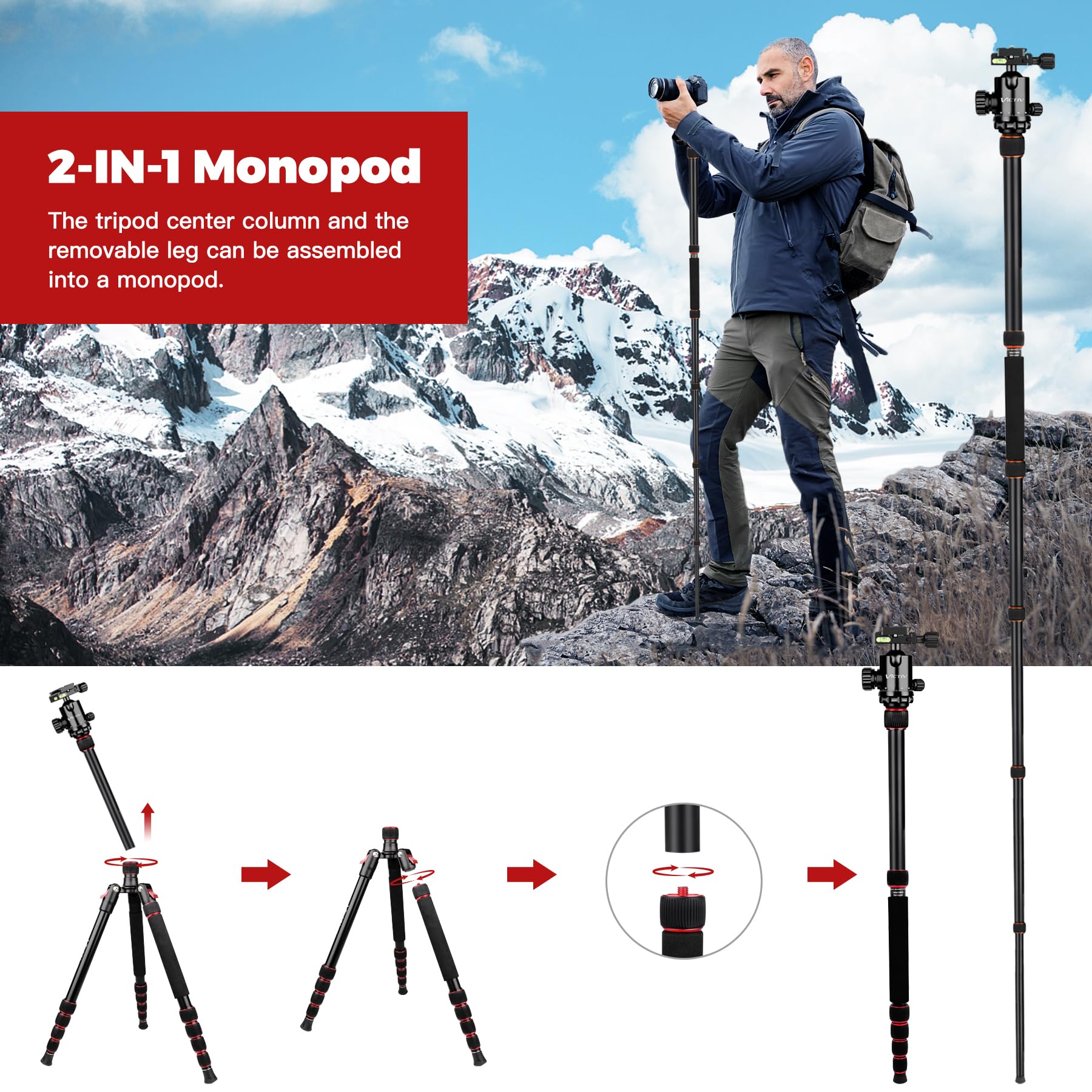 Victiv 80" Tripod, Aluminum Heavy Duty Camera Tripod Stand With 360° Ball Head, Camera Tripods & Monopods With Carry Bag, Professional Dslr Tripod For Canon Nikon Binoculars Spotting Scope Telescope