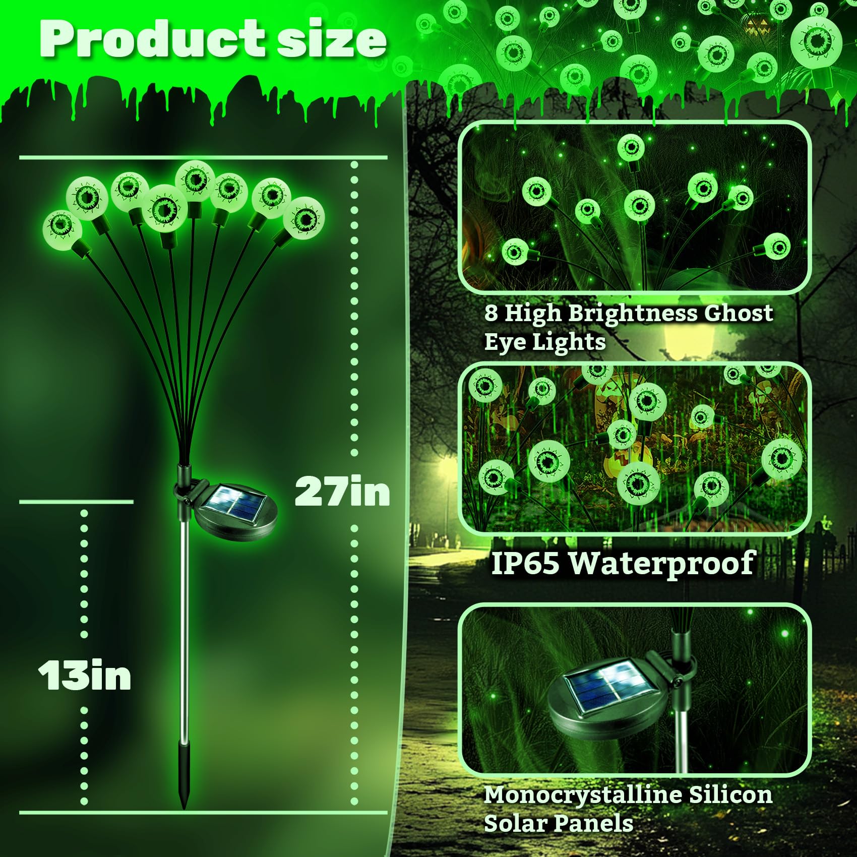 Ahongem Solar Halloween Lights Decorations Outdoor: 2 Pack 16Led Scary Eyeball Light Swaying For Yard Decor - Green Firefly Ghost Lighting Garden Lawn Pathway Party Outside Decorative
