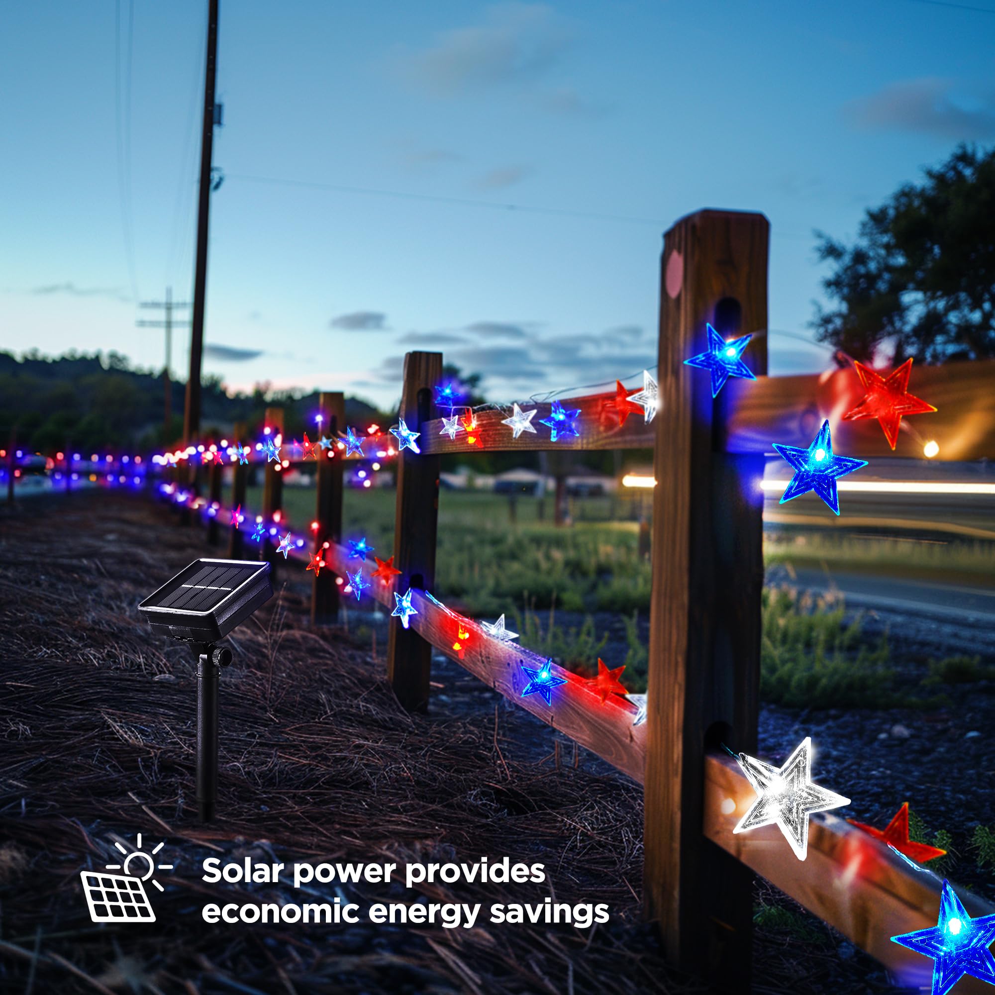 Blctec Solar 4Th Of July Decorations, Red White Blue String Lights With 60 Led Big Stars, Waterproof Patriotic Stars Lights Built In 8 Lighting Modes For Outdoor Memorial Day, July 4Th Decorations