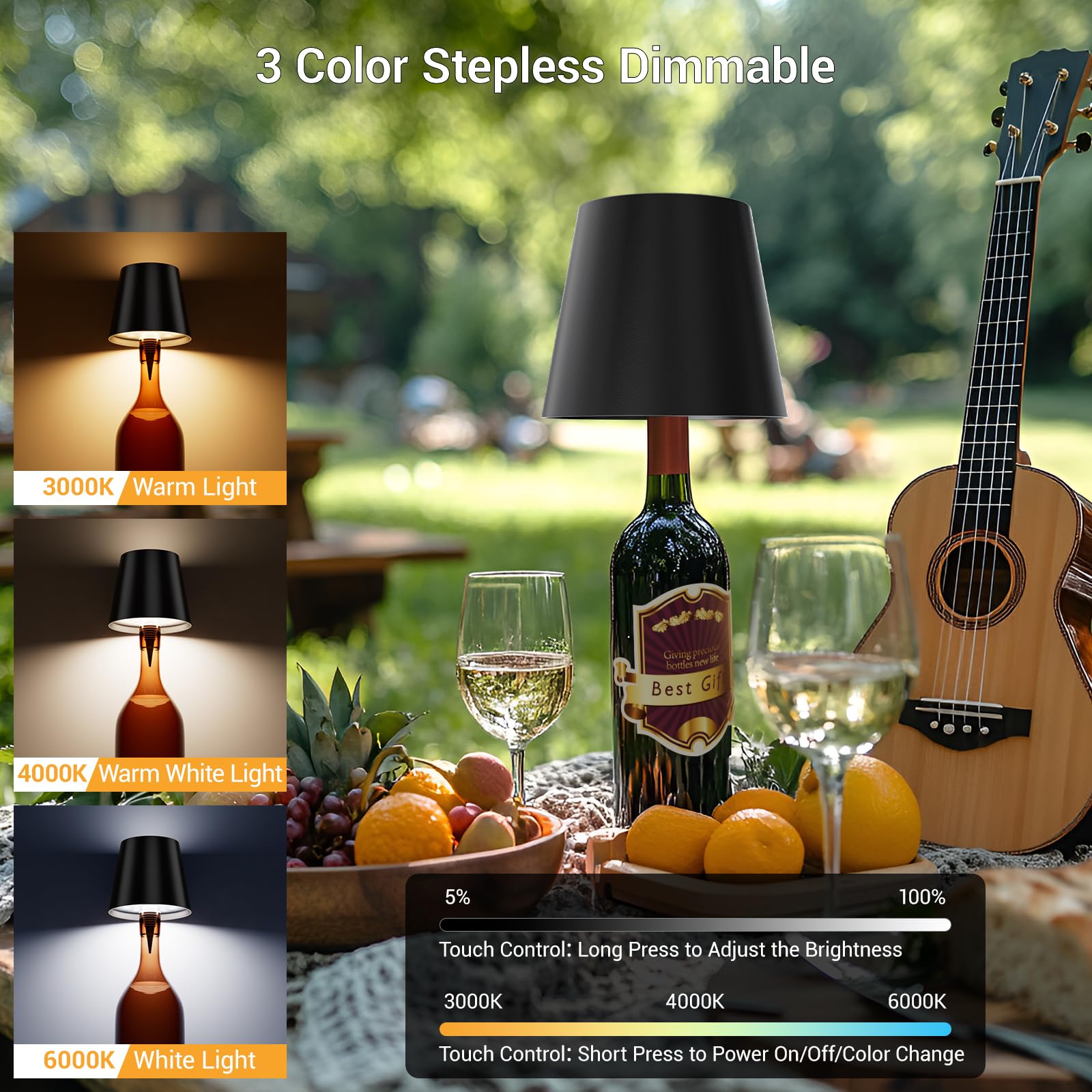 Nulmvic Wireless Bottle Lamp Shade - Portable Led Wine Bottle Lamp With Stopper, 3 Color Stepless Dimming Rechargeable Touch Wine Bottle Lights For Any Liquor Bottle Bars Restaurants (Black, 1 Pack)