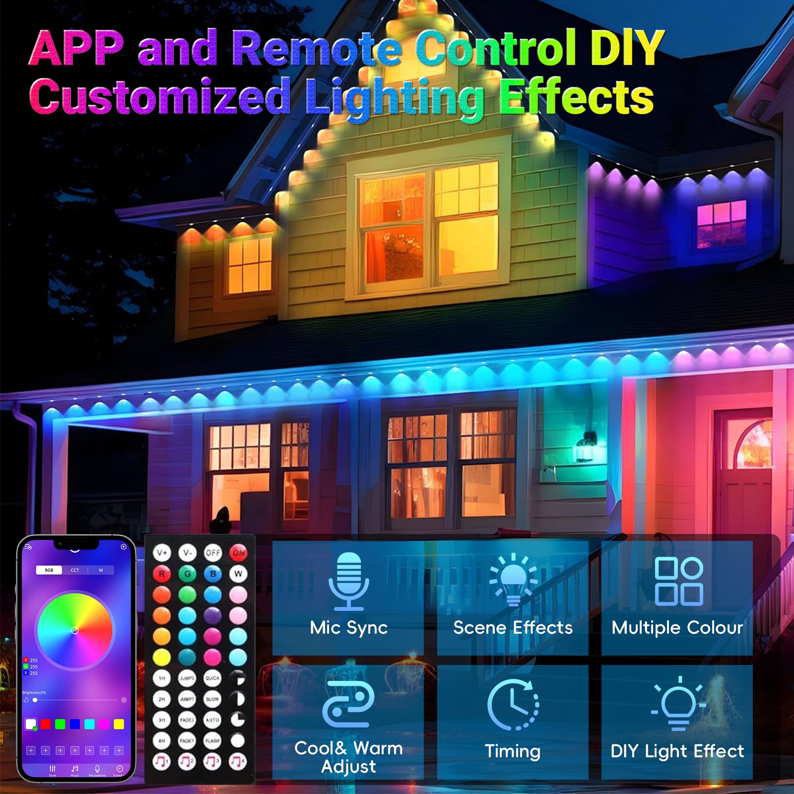 Jzvgen Permanent Outdoor Light For House,50Ft Rgb Outdoor Light With 30 Led Lights,Ip67 Waterproof,With App/Remote Control For All Holiday Decor Decorations Lights