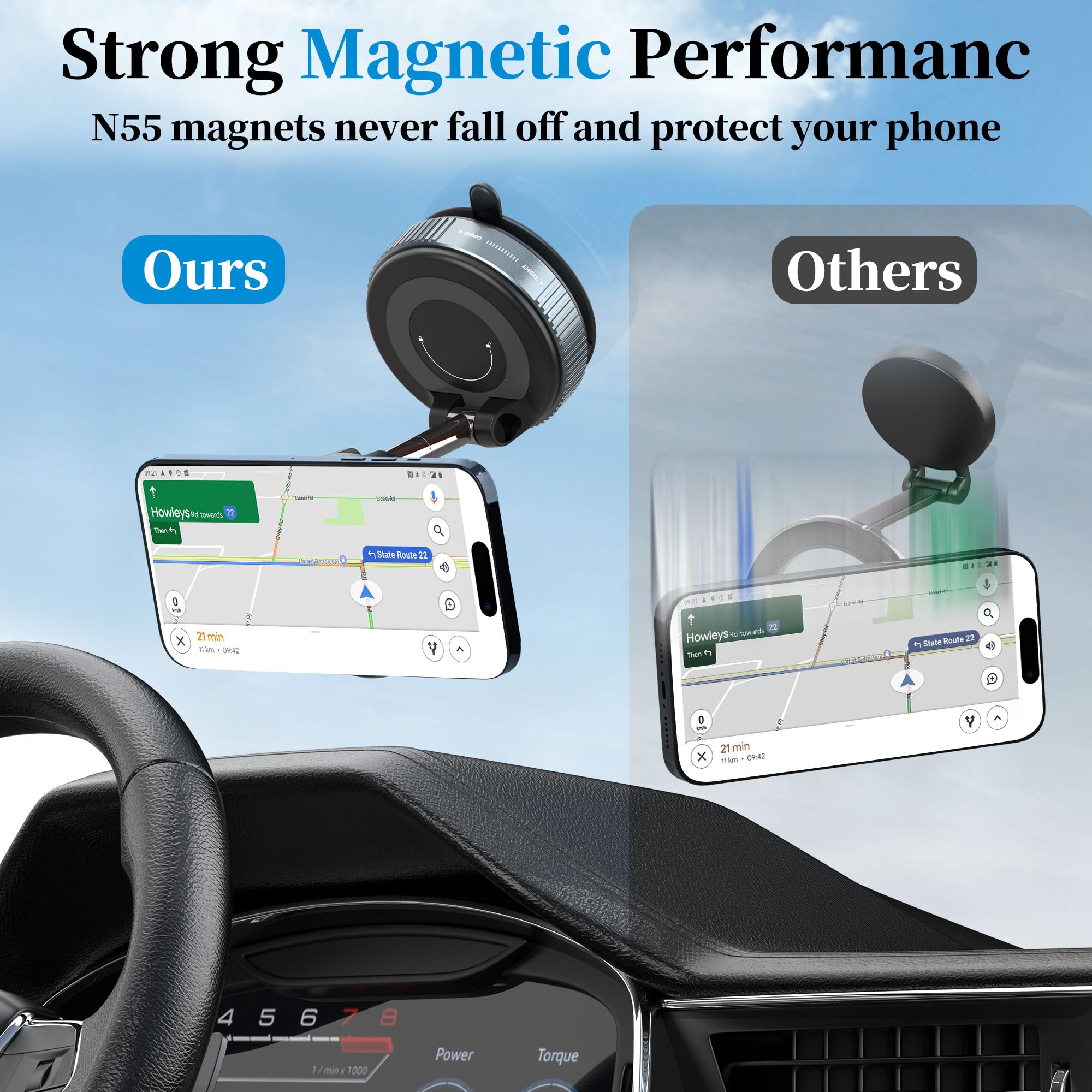 Plusacc Vacuum Magnetic Phone Holder For Car - Suction Cup Phone Mount 360° Rotatable Foldable Portable Strong Magnet Stand For Iphone 16/15/14/13 In Gym, Mirror, Smooth Surface, All Vehicles